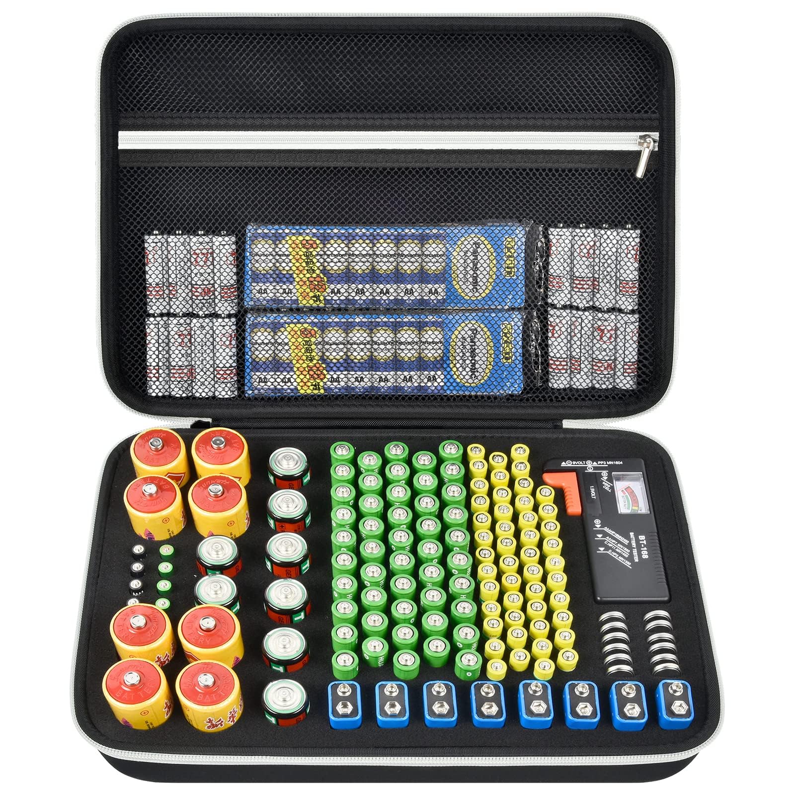 Premium Battery Organizer Storage Case with Tester BT-168 - Holds 140+ AA, AAA, C, D, 9V & 3V Lithium Button Batteries - Portable Battery Caddy Container for Home, Office & Travel (Black) (Batteries Not Included)