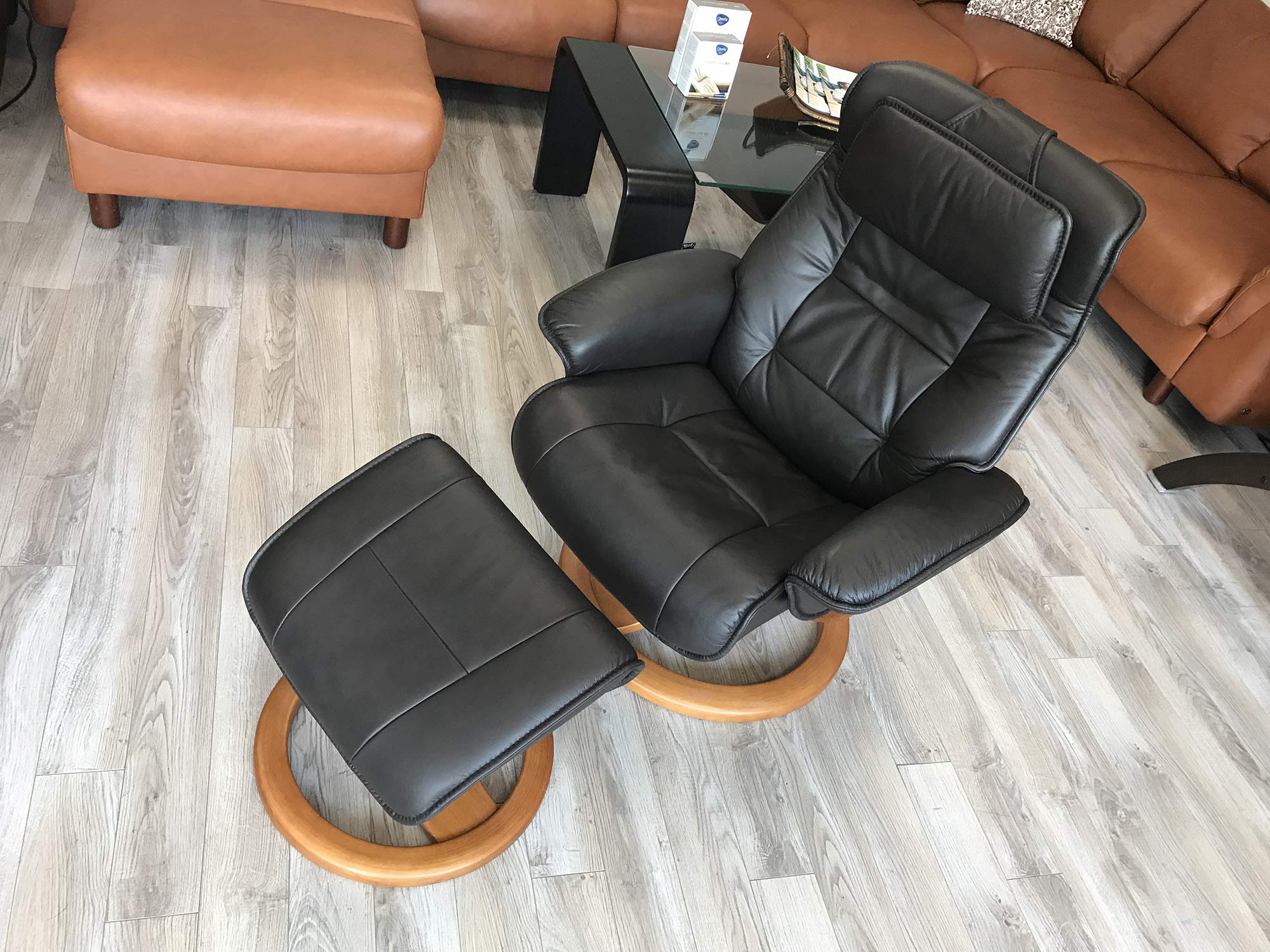 Premium Large Ergonomic Recliner Chair with Ottoman - Stone NL 130 Nordic Line Genuine Leather, Walnut Wood Base - Perfect for Living Room, Home Theater & Office Relaxation