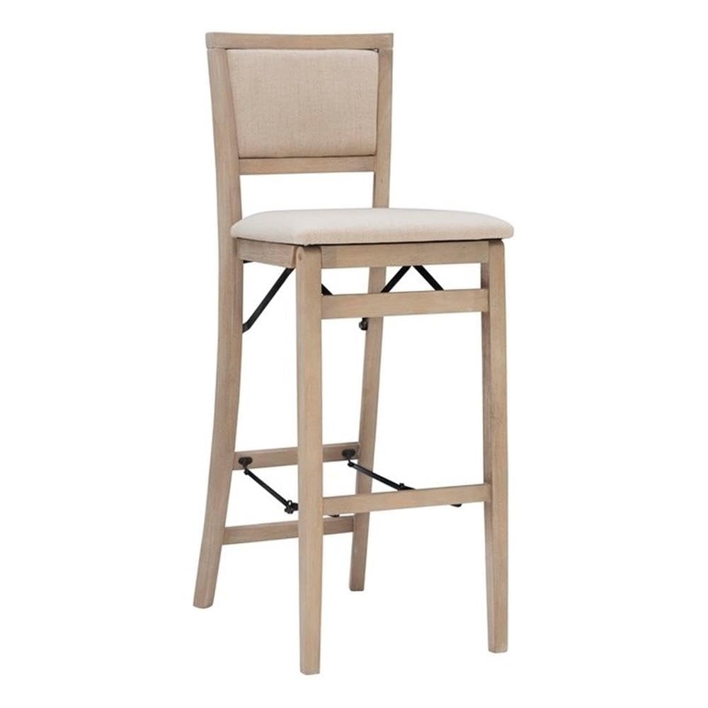 Linon Keira Graywash Wood Folding Bar Stool with Padded Fabric Seat & Back - Perfect for Kitchen Islands, Home Bars & Small Spaces