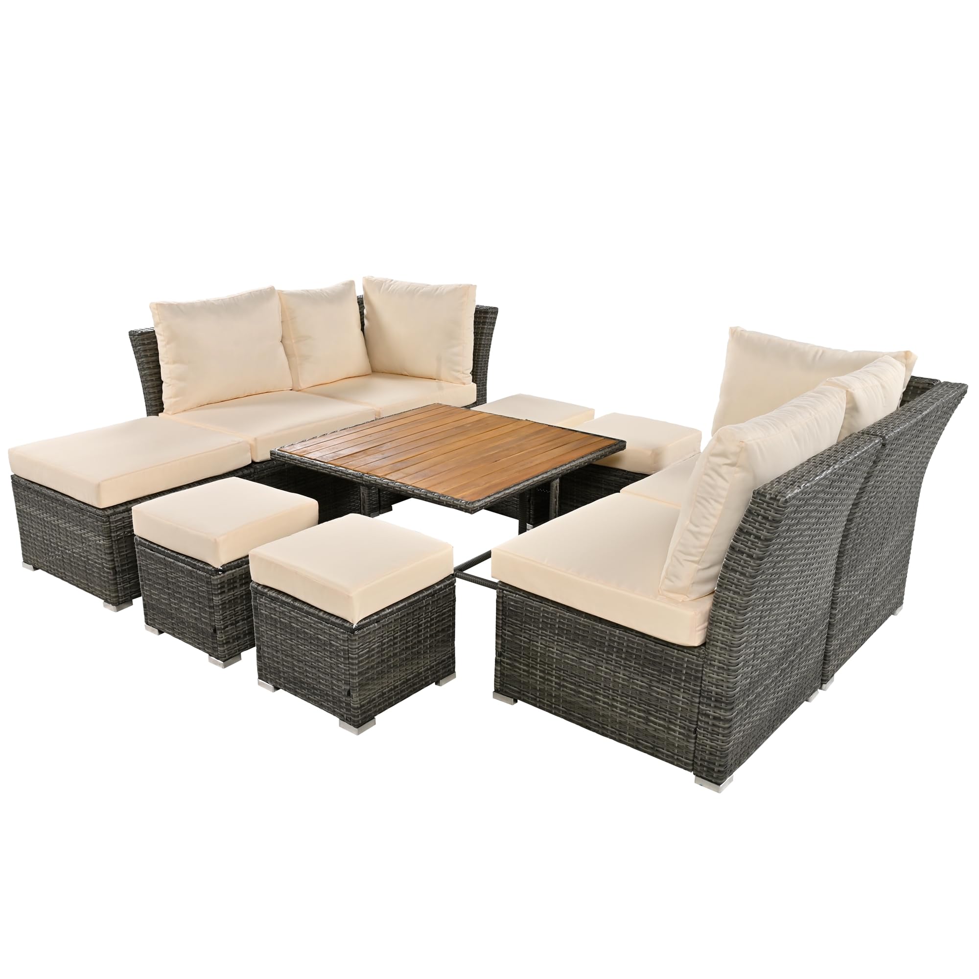 Merax 9-Piece All-Weather Patio Conversation Set - Outdoor Rattan Wicker Sectional Sofa with Solid Wood Coffee Table & Ottomans, Beige - Perfect for Backyard, Garden, Poolside & Terrace Relaxation