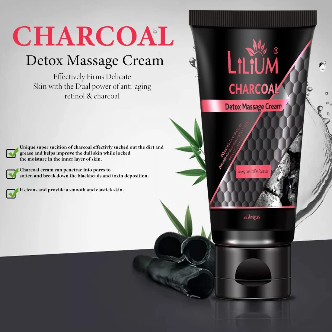 Lilium Charcoal Face Wash & Detox Massage Cream Set - 2 x 100ml Deep Cleansing Pore Minimizer for Oily & Acne-Prone Skin - Perfect for Daily Skincare Routine & Spa Night
