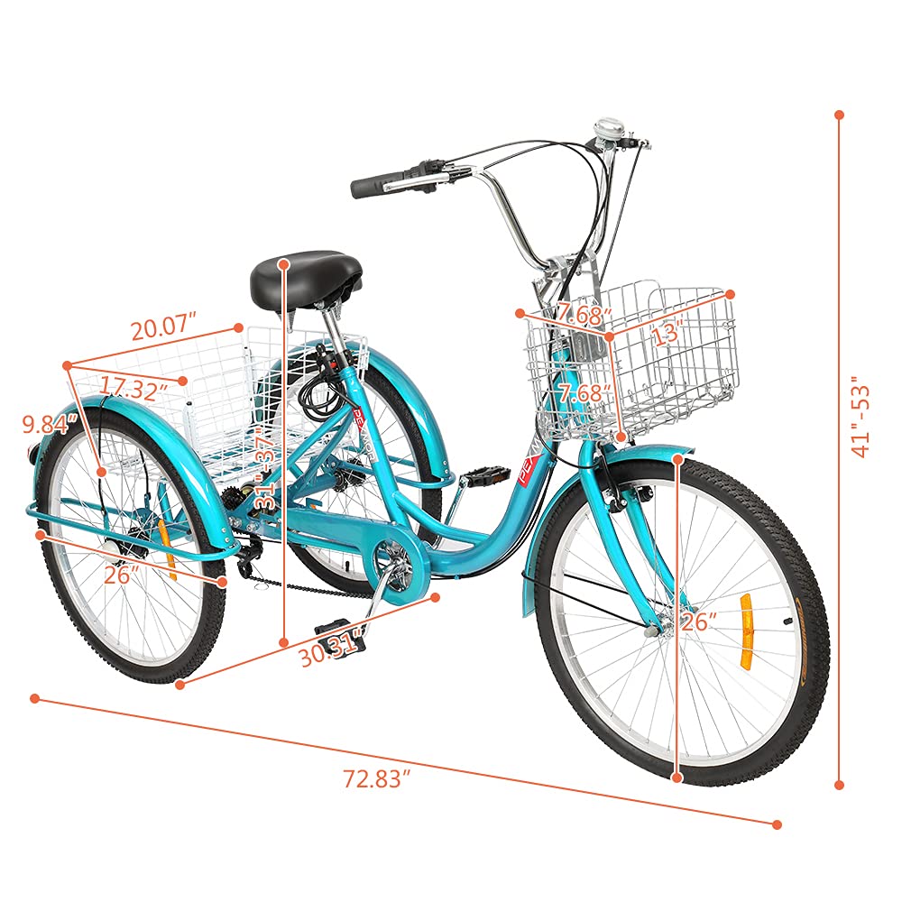**PEXMOR 7-Speed Adult Tricycle, 24/26 Inch 3-Wheel Bike for Men & Women, Senior Cruiser Trike with Folding Front & Rear Basket - Perfect for Shopping, Recreation, Picnics & Outdoor Activities**