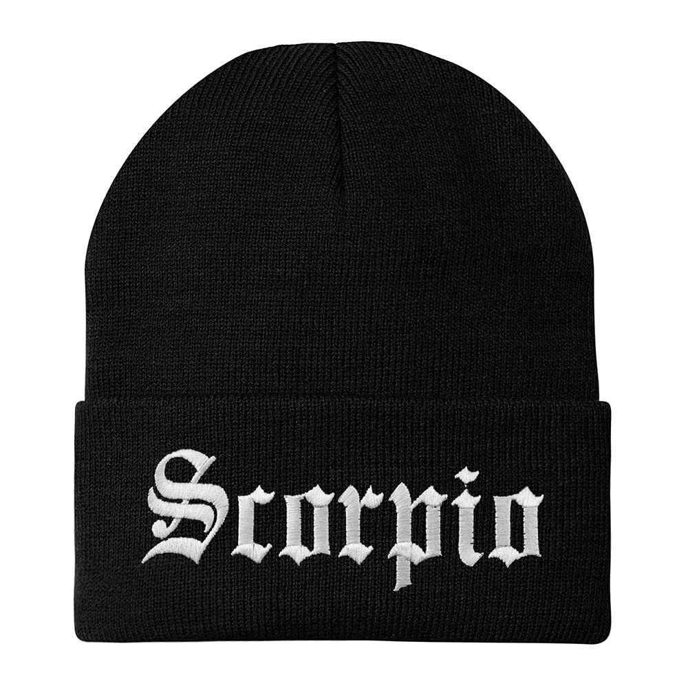 Scorpio Old English Embroidered Long Cuff Beanie Hat for Men & Women - Trendy Winter Knit Skull Cap - Perfect for Cold Weather, Streetwear Fashion & Outdoor Activities