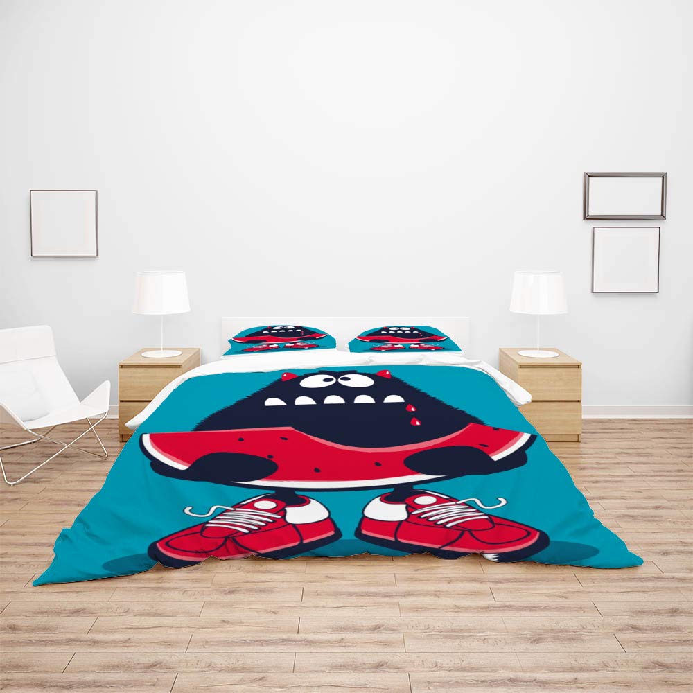 Cute Monster Watermelon Duvet Cover Set - 3 Piece Breathable Comforter & Pillow Shams - Soft Farmhouse Style All Seasons Bedding for Hotel, Resort & Home Decor
