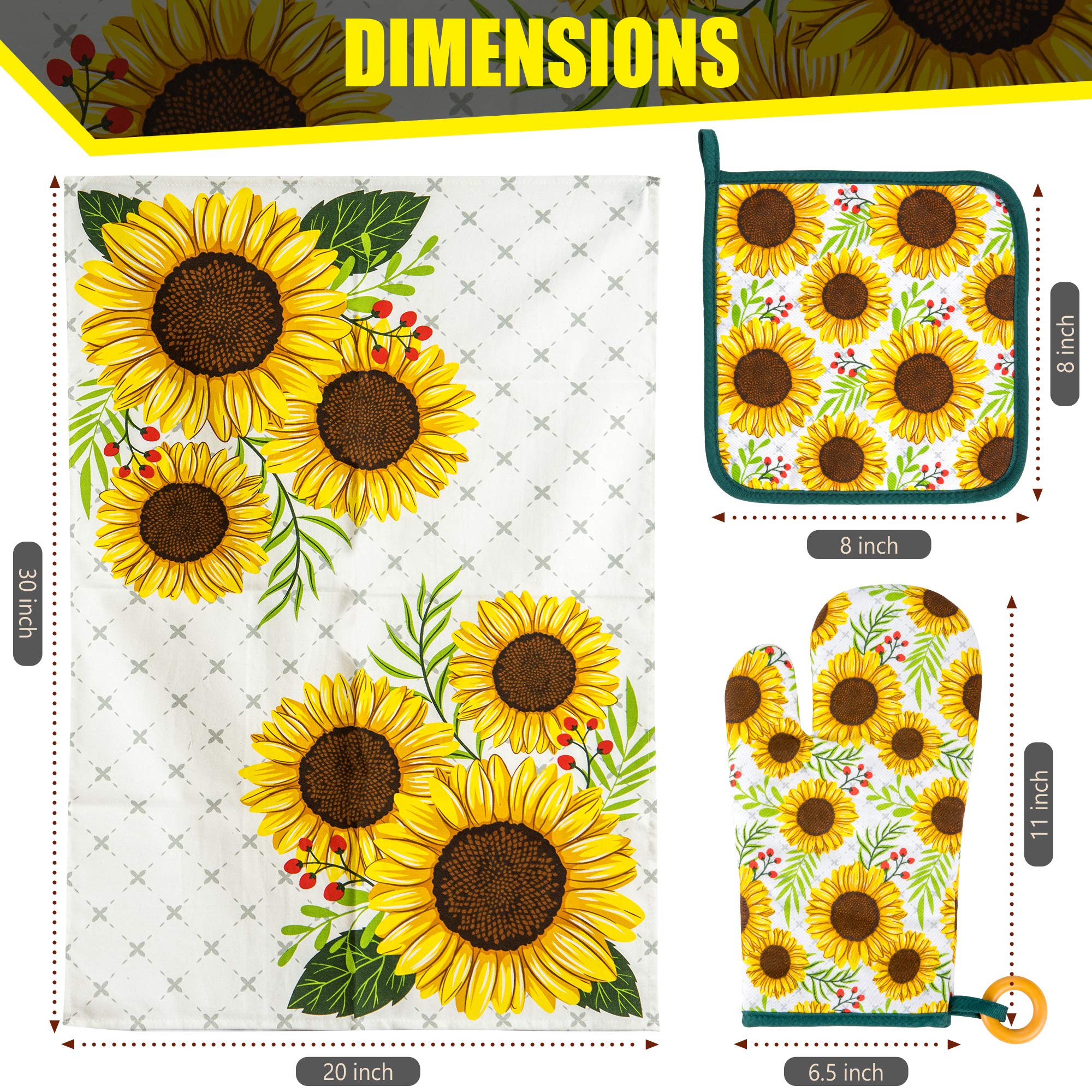 Premium Sunflower Printed Kitchen Towels Set of 5 - Absorbent & Soft Dish Cloths for Cooking, Baking & Cleaning - Farmhouse Decor for Kitchen & Dining Room