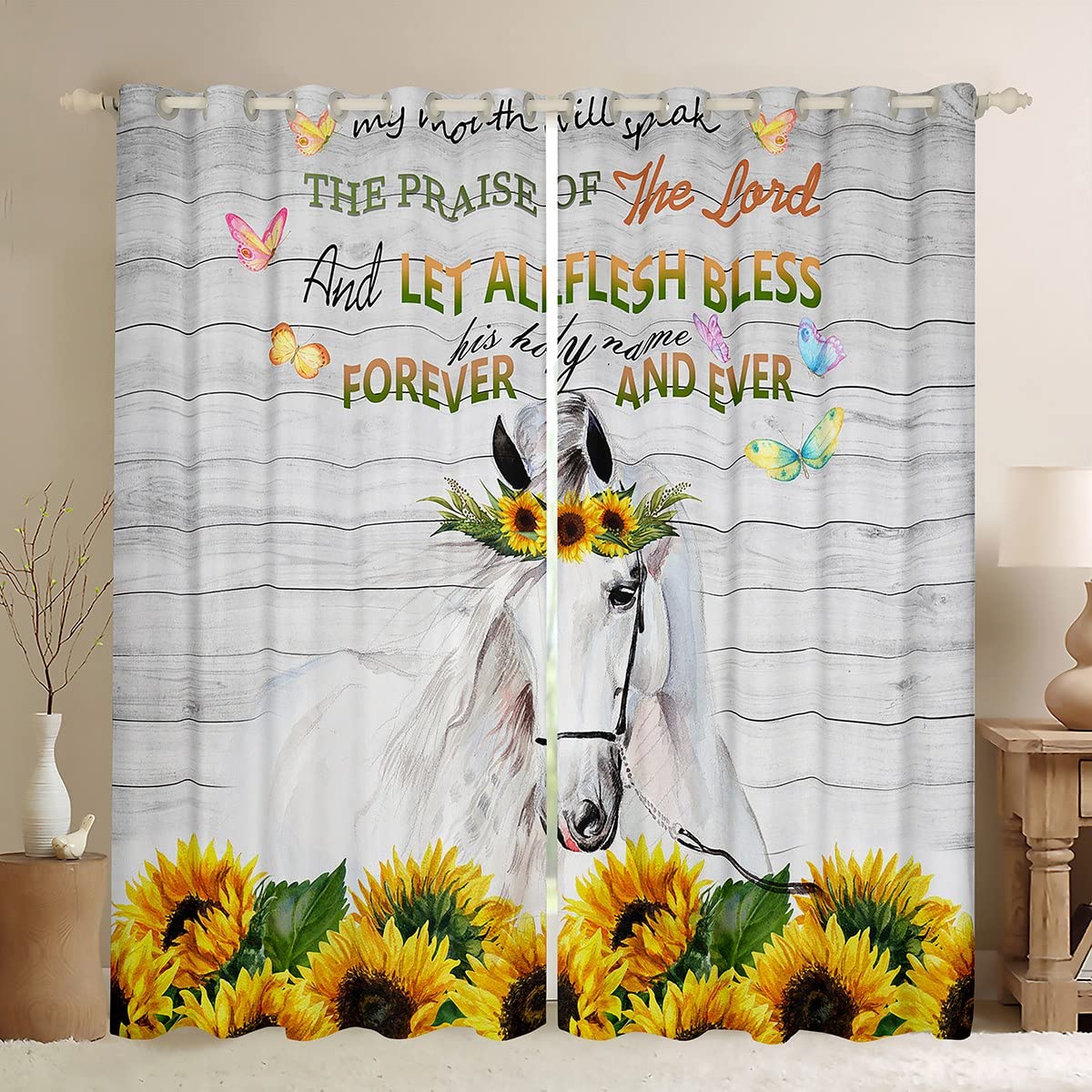 Feelyou White Horse & Sunflower Window Curtains for Bedroom & Living Room - 38x54 Inch Wild Animal Drapes with Botanical Floral Design - Perfect for Kids Room Decor & Farmhouse Style Windows (2 Panels)