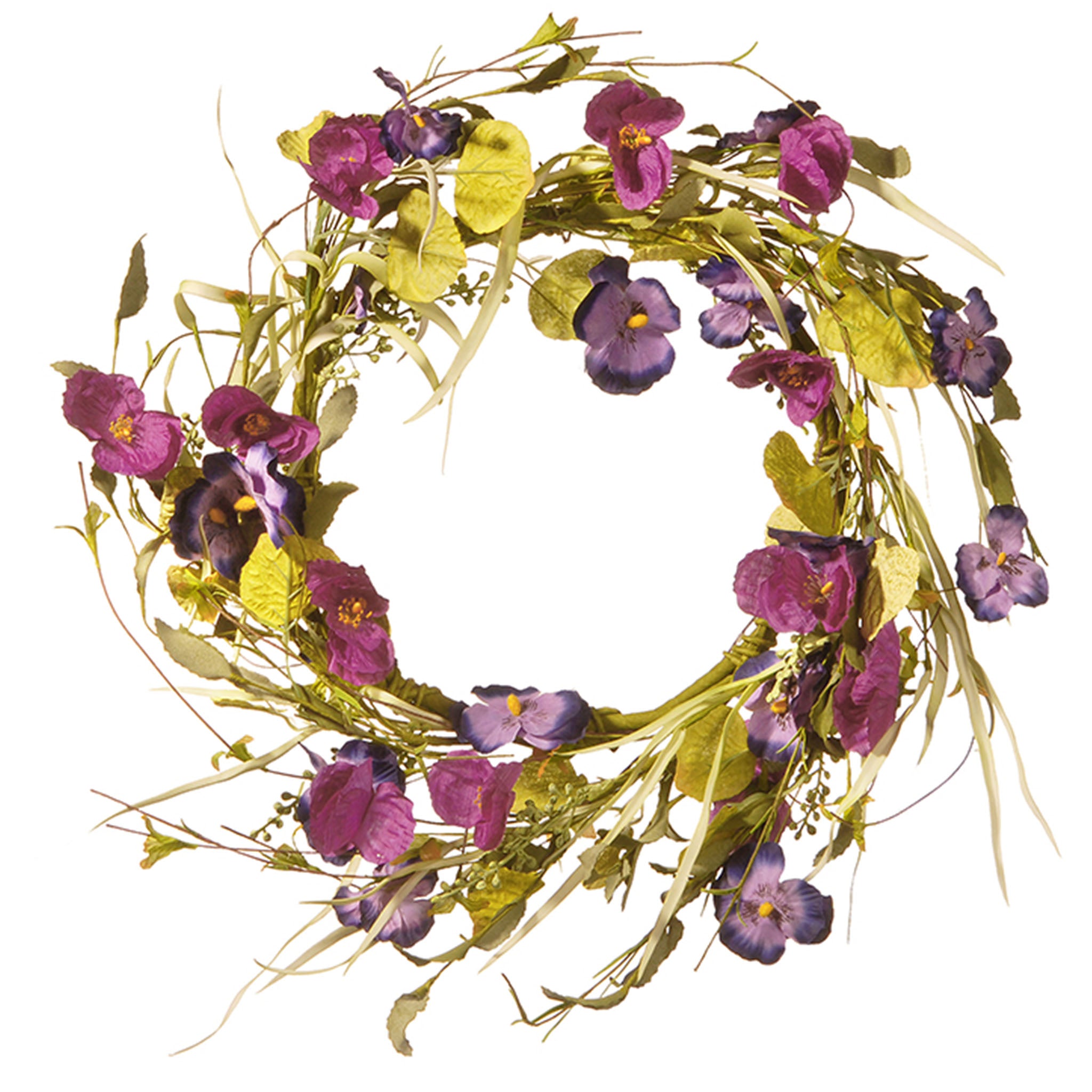 22 Inch Spring Wreath with Purple Pansy and Poppy Flowers, Seed Pods & Leafy Greens - Elegant Front Door Decor for Easter, Mother's Day & Home Decoration