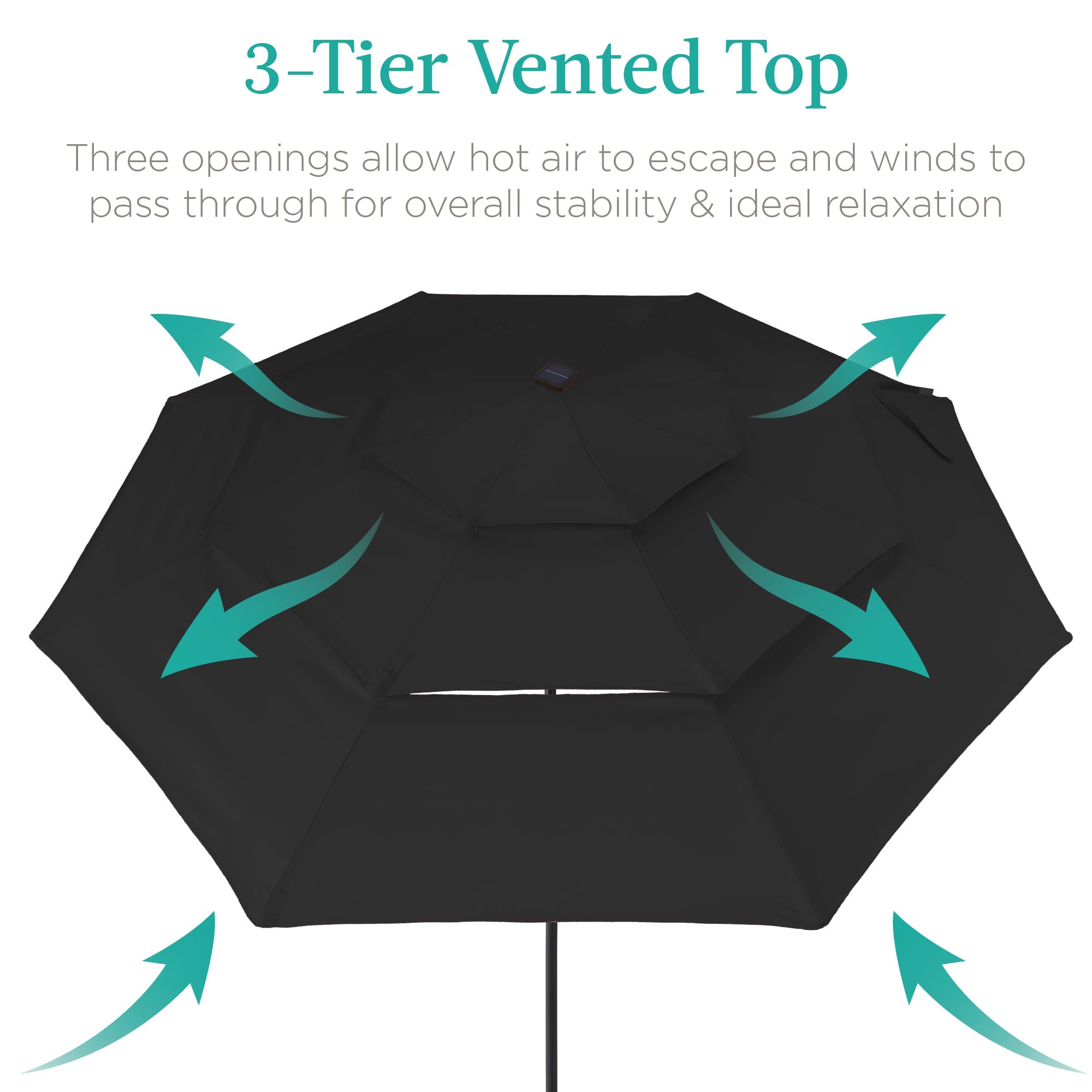 Best Choice Products 10ft 3-Tier Solar Patio Umbrella with 24 LED Lights - Outdoor Market Sun Shade for Backyard, Deck, Poolside - Tilt Adjustment & Easy Crank - 8 Ribs - Black - Perfect for Outdoor Dining, Lounging, and Entertaining