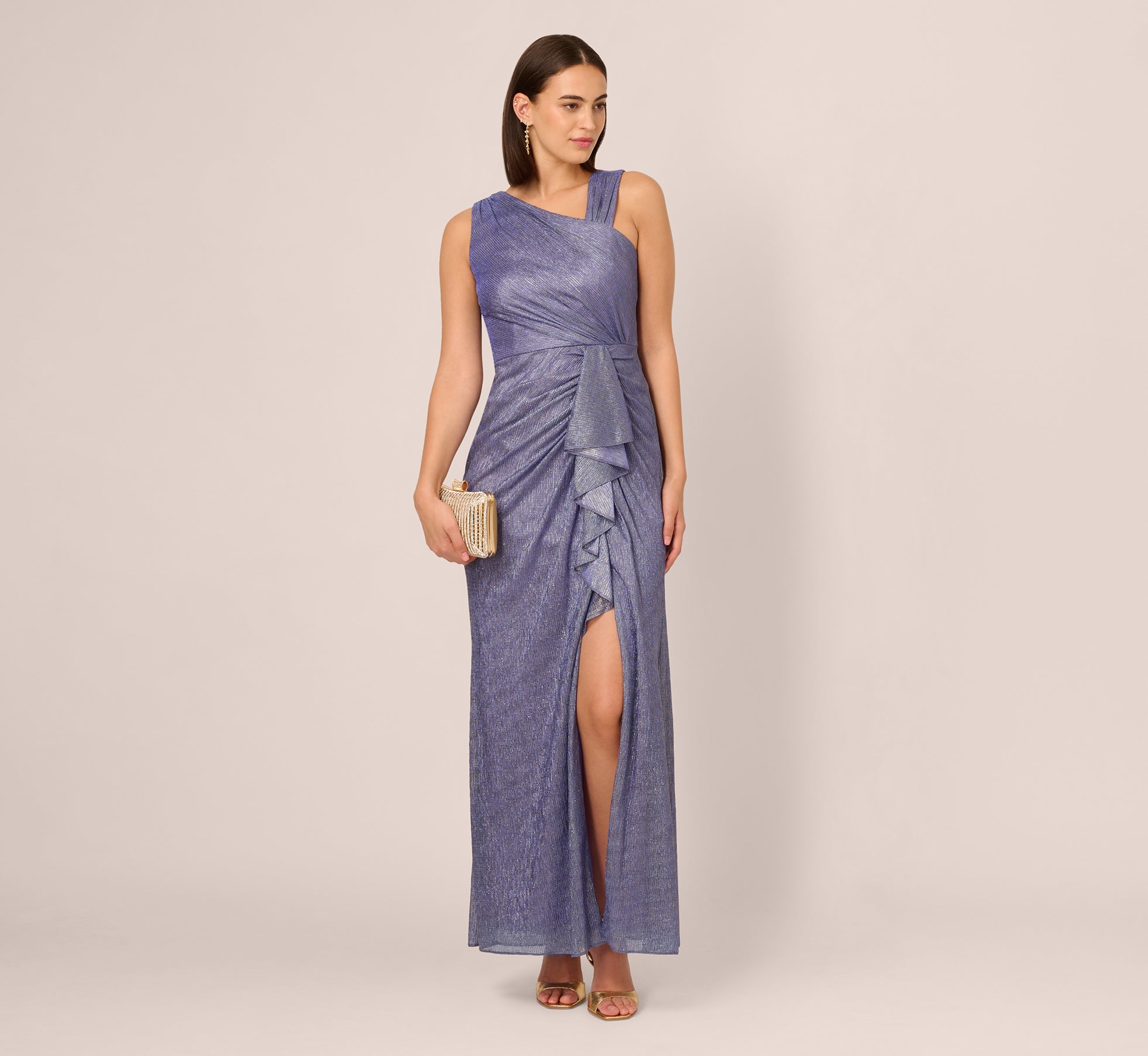 Elegant Draped Metallic Foil Long Evening Gown - Perfect for Cruise Vacations, Formal Events & Red Carpet Occasions