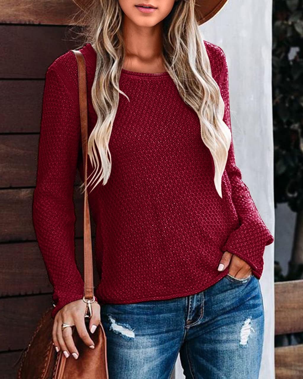 Ebifin Women's Solid Color Crew Neck Pullover Sweater - Lightweight Knit Casual Warm Sweater for Everyday Wear, Office & Fall Outfits
