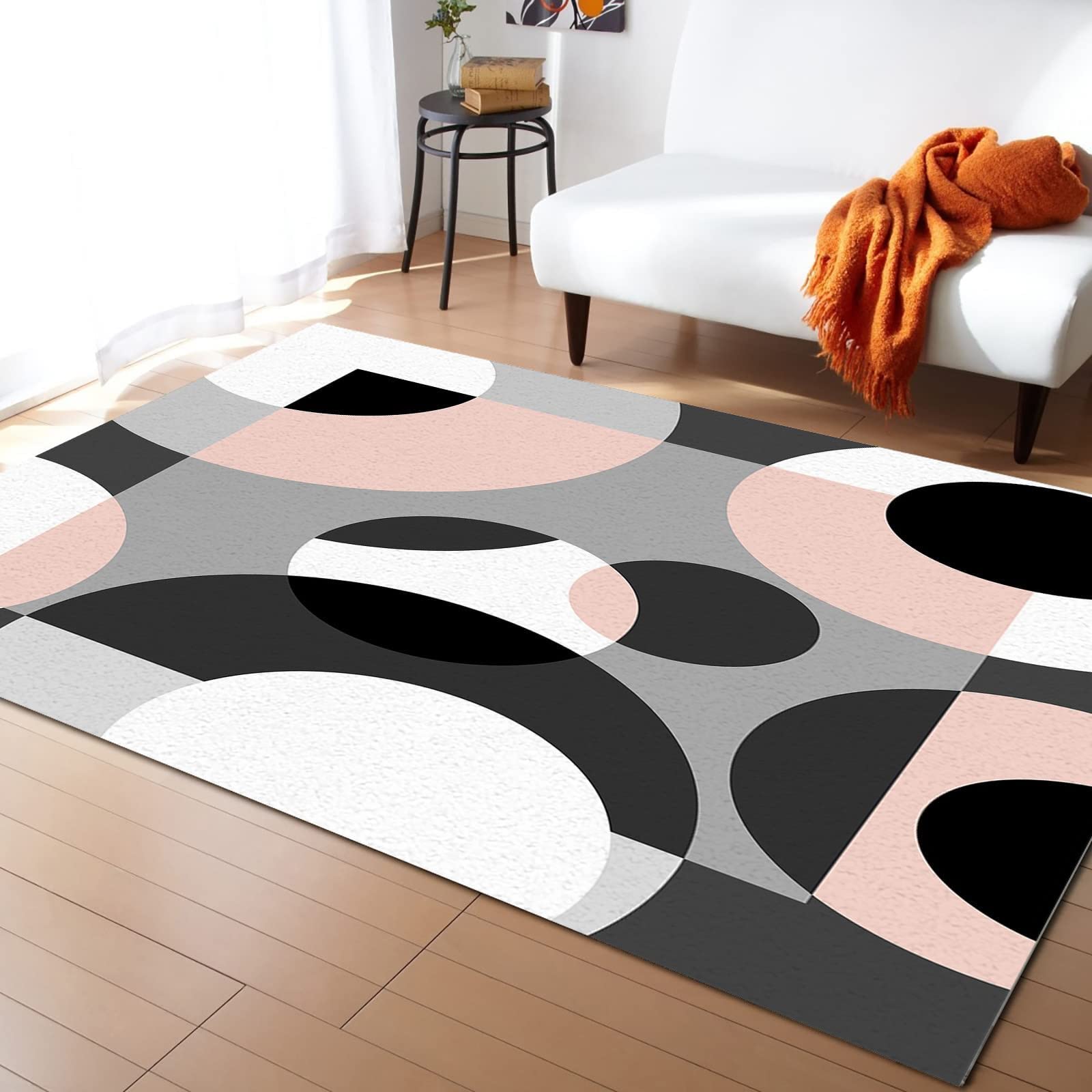 Modern Geometric Abstract 5'x8' Washable Area Rug - Non-Slip Soft Carpet for Living Room & Bedroom - Pink Grey Black White Indoor Decorative Rug - Perfect for Home Decor, Office Spaces & Cozy Gatherings