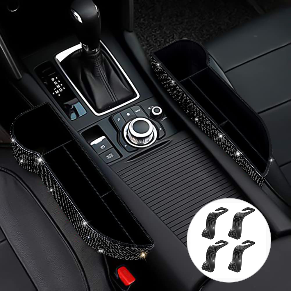 Bling Car Seat Side Drop Filler Organizer - 2-Pack Seat Pockets with Cup Holder & 4-Pack Headrest Hooks - Black Car Storage for Handbags, Clothes, Coats & Grocery Bags | Perfect for Road Trips, Family Travel & Daily Commutes