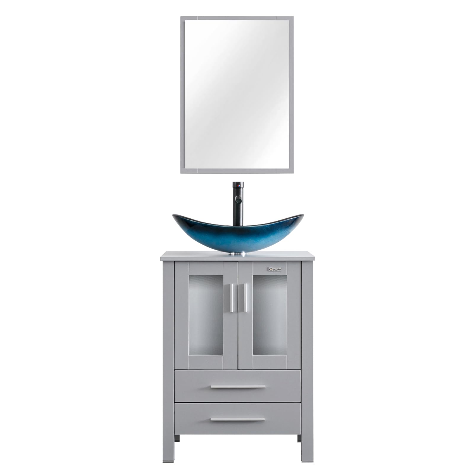 Eclife 24 Inch Modern Bathroom Vanity Set with Gray Stand Cabinet, Blue Boat Glass Vessel Sink, Water-Saving Faucet & Pop-Up Drain - Perfect for Small Bathrooms, Powder Rooms & Guest Baths (A29BU)