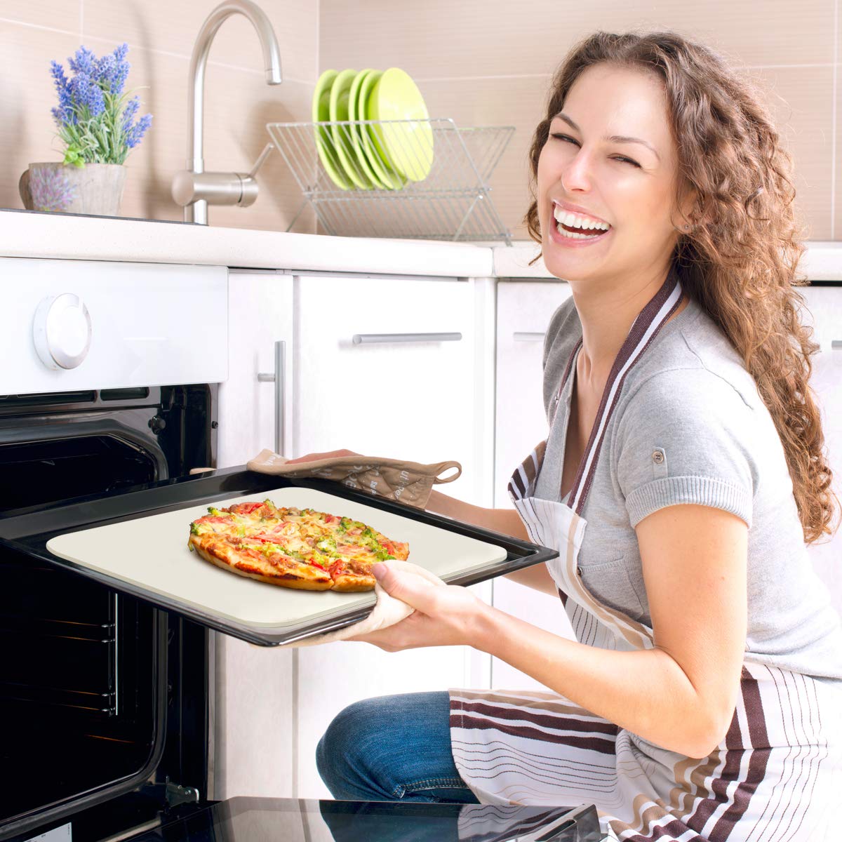 Joeji's 30 x 38cm Cordierite Pizza Stone & Aluminum Peel Set with Removable Wooden Handle - Perfect for Oven, Grill, BBQ - Ideal for Baking Bread, Pizza, Cookies & More