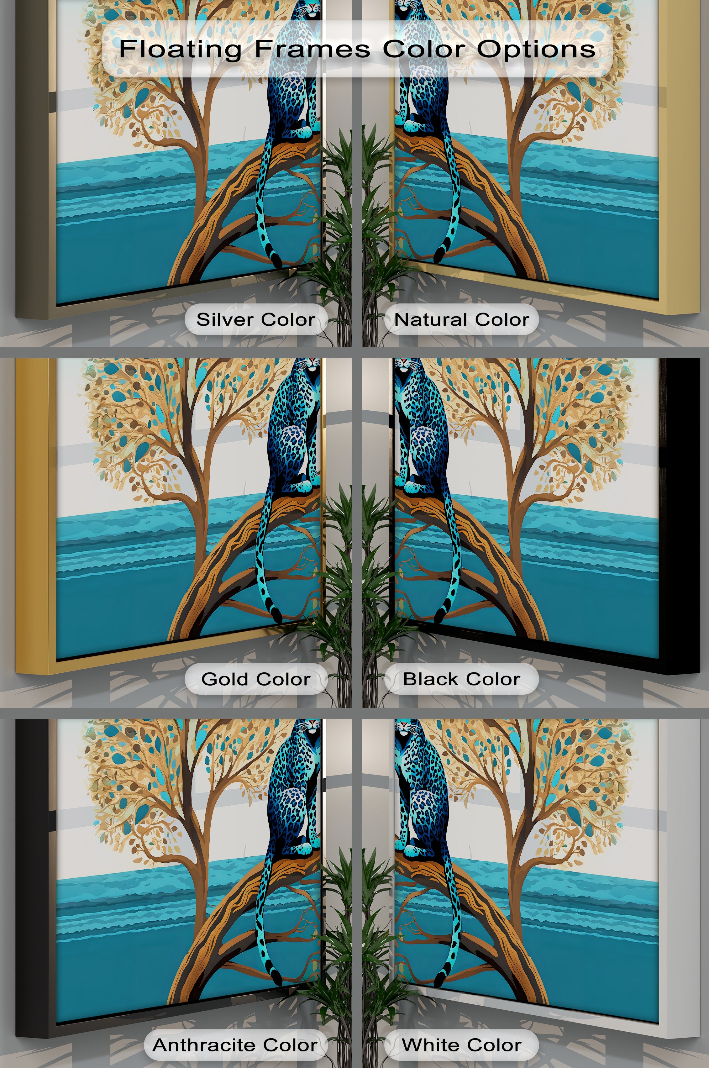Blue Leopard in Tranquil Tree - Modern Jungle Animal Canvas Wall Art Print for Living Room, Bedroom & Office Decor