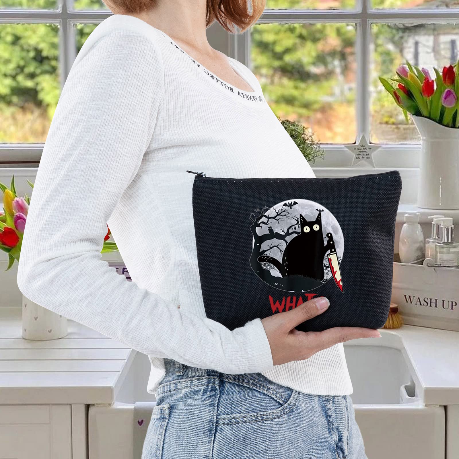 LEVLO Murderous Cat With Knife Makeup Bag - Cute Cartoon Animal Inspired Cosmetic Pouch - Perfect for Travel, Gifts & Daily Use (Black)