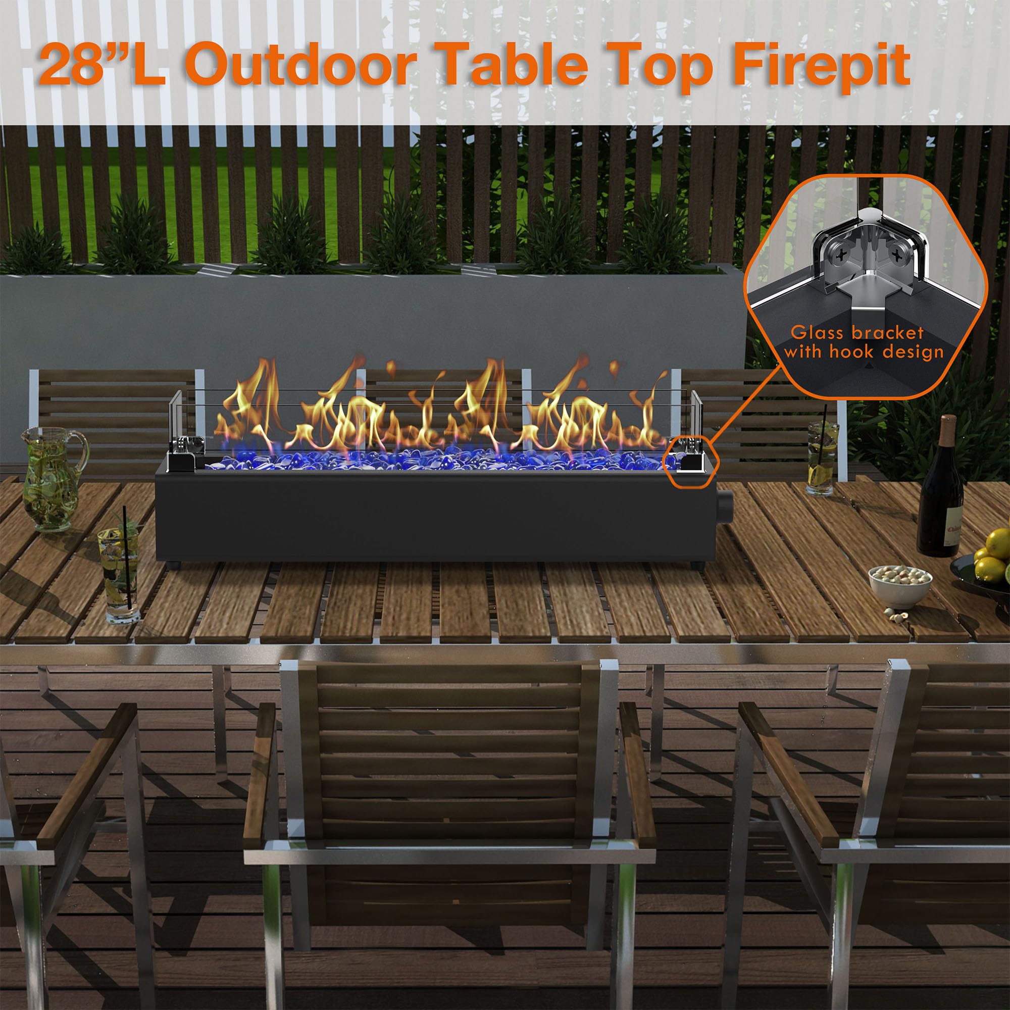 28-Inch Black Table Top Propane Fire Pit - 40,000 BTU Outdoor Portable Fireplace with Windproof Glass Shield & Decorative Glass Rocks - Perfect for Patio, Deck, Backyard, and Camping Gatherings