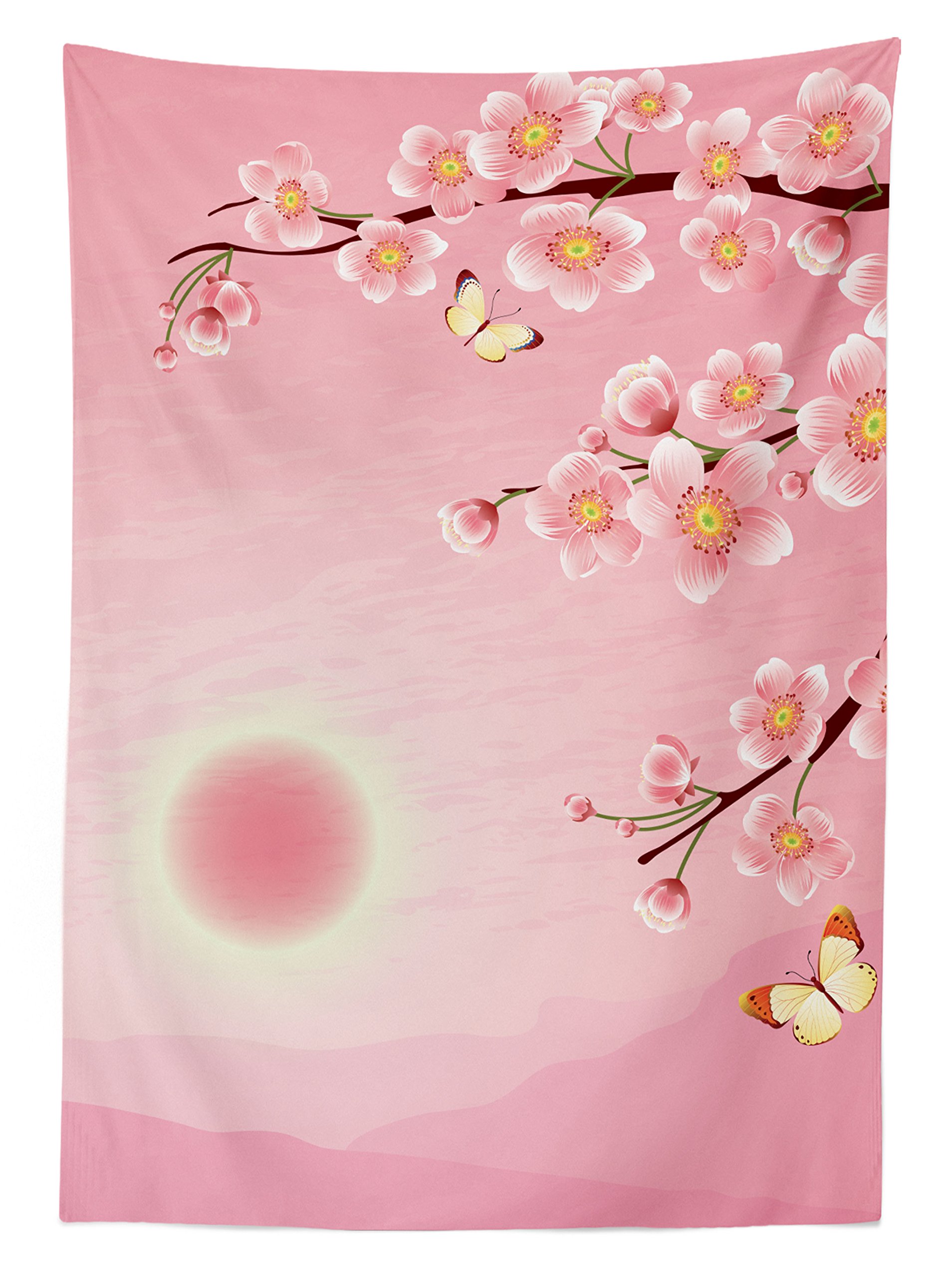Ambesonne Asian Cherry Blossom Outdoor Tablecloth - Waterproof Picnic Table Cover with Butterfly Nature Print, 58