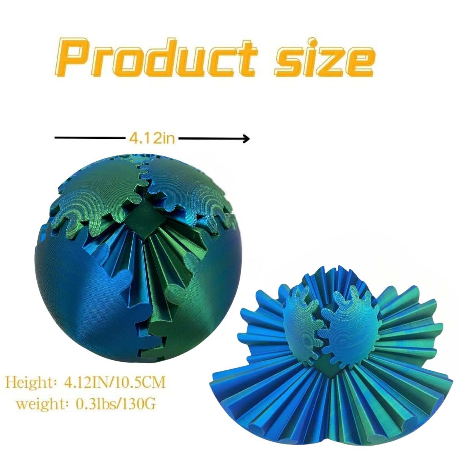 4.2in 3D Printed Gear Ball Fidget Toy - Stress Relief & Anxiety Relaxation Desk Toy for Adults & Kids (Laser Green Blue) | Perfect for Office, Classroom, Travel & ADHD Focus Aid