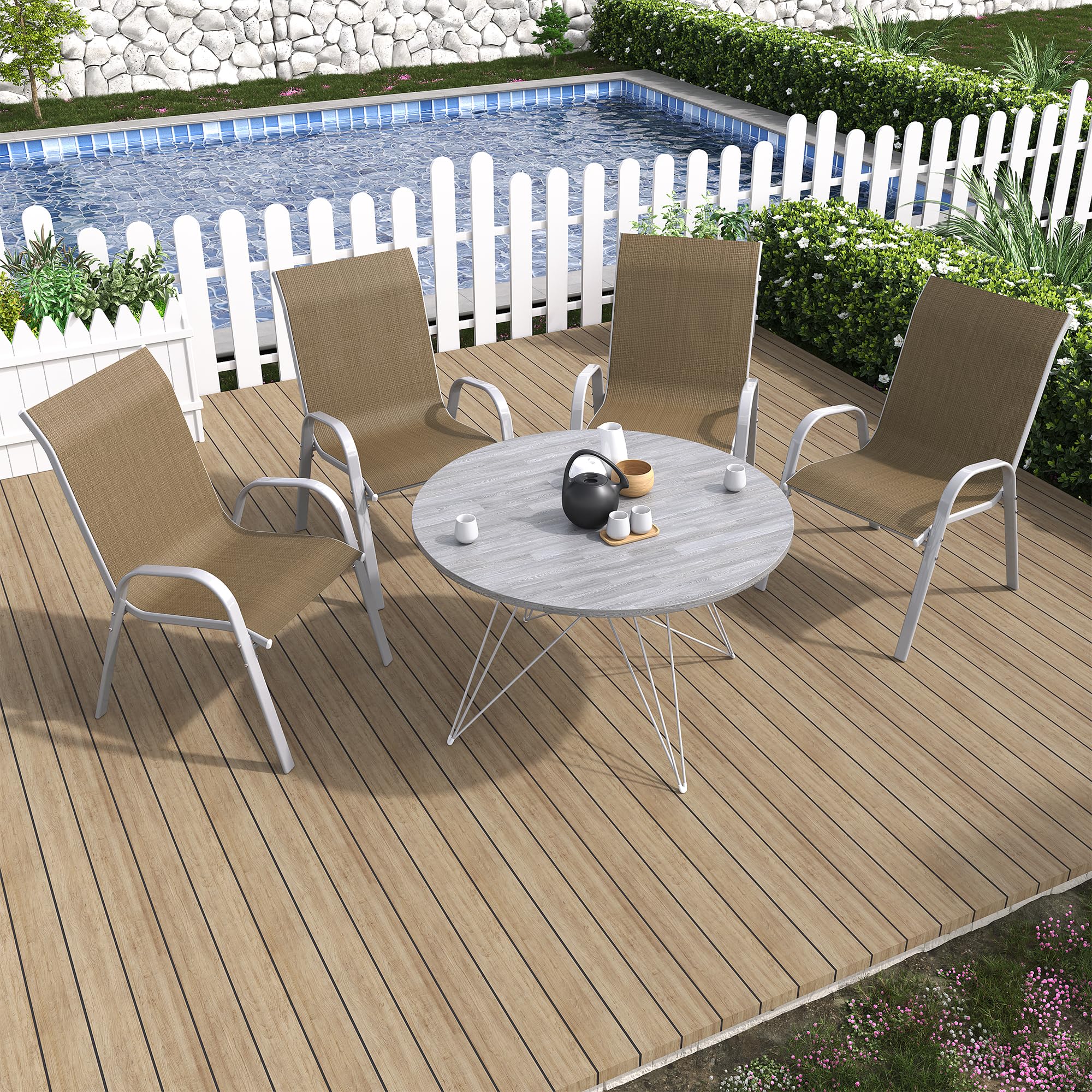 Amopatio 4-Piece Stackable Patio Dining Chairs Set - Weather-Resistant Outdoor Furniture for Backyard, Deck & Garden - Breathable Comfortable Silver-Brown Chairs for All-Season Use | Perfect for BBQs, Poolside Relaxation & Outdoor Entertaining