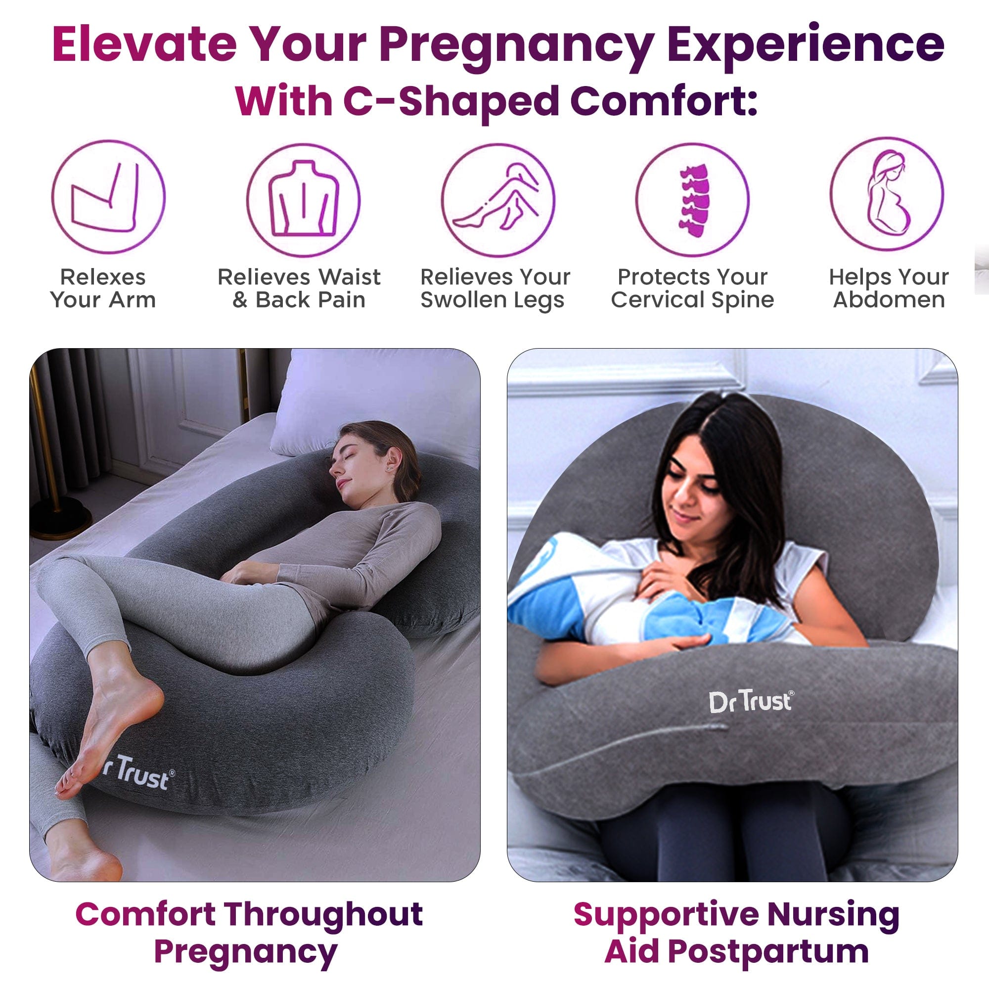 Dr Trust C-Shaped Full Body Pillow - Premium Maternity & Pregnancy Support Pillow for Side Sleepers, Back Pain Relief & Comfortable Sleeping - Perfect for Pregnancy, Nursing & Relaxation at Home