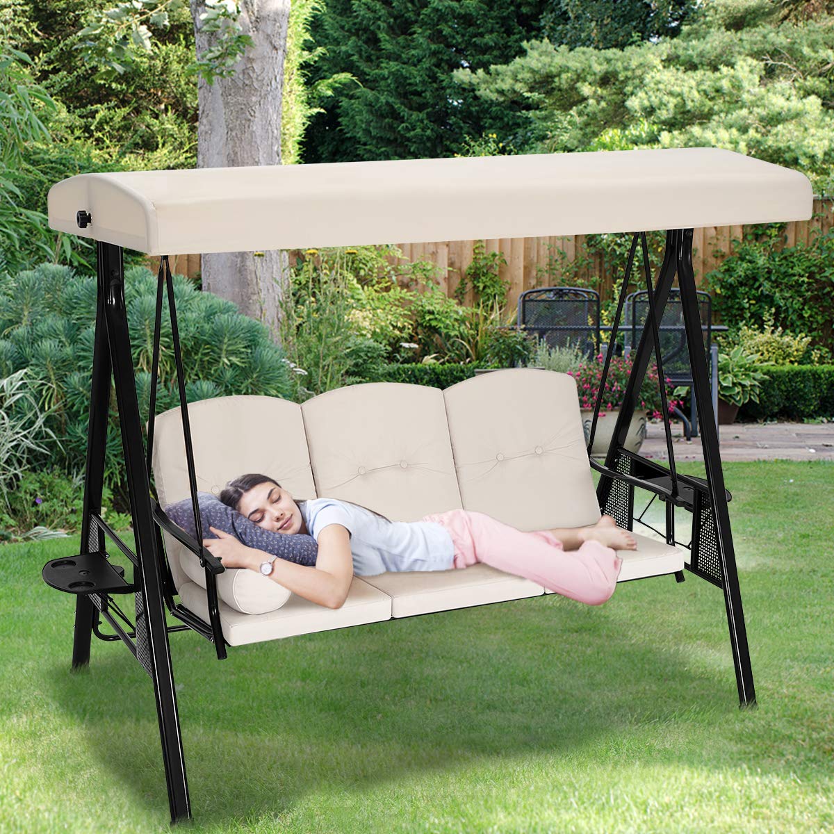 U-MAX 3-Seat Outdoor Patio Swing Chair with Canopy - Weather Resistant Steel Frame, Cup Holders & Cushions - Adjustable Tilt Canopy in Beige - Perfect for Backyard, Garden, Porch or Deck Relaxation