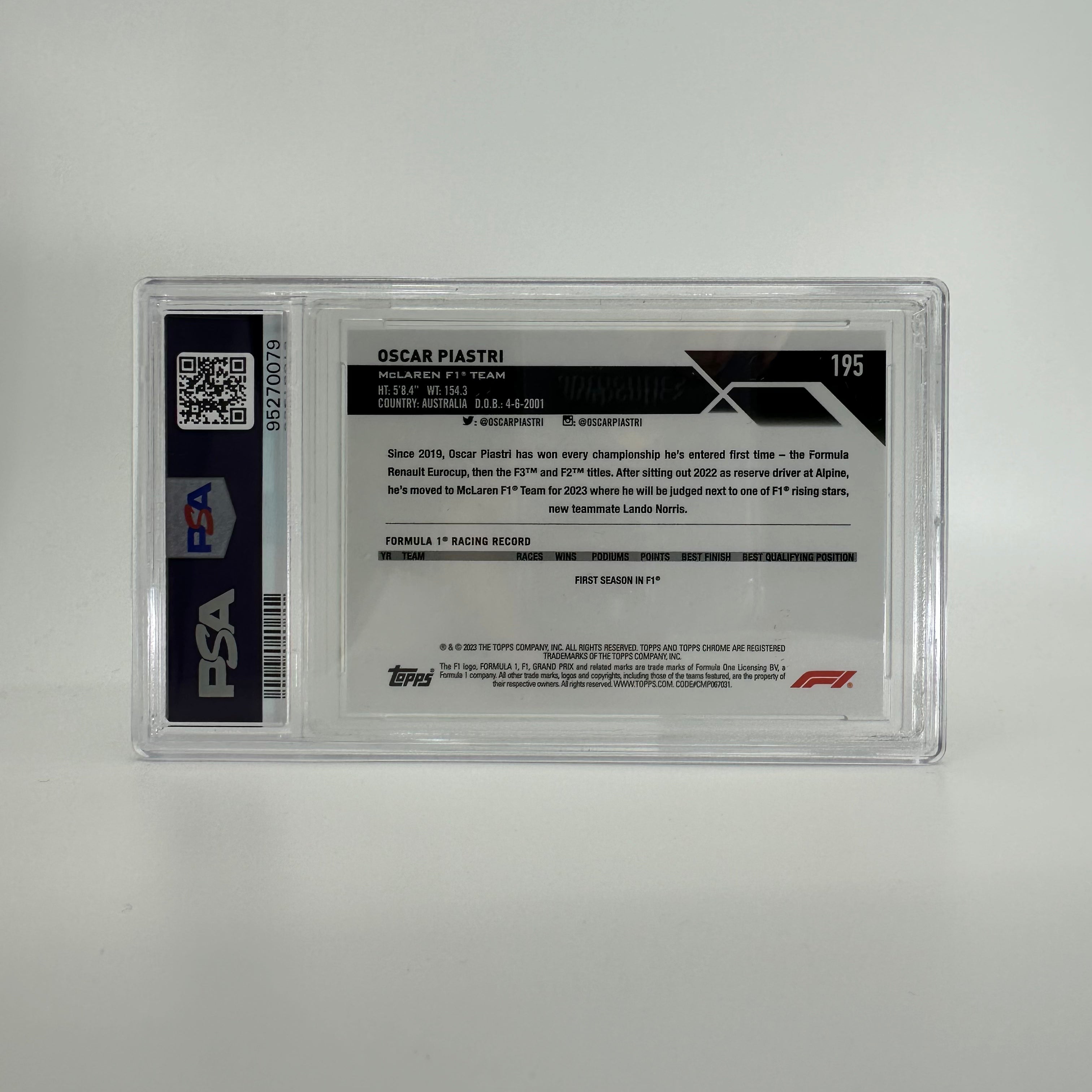 2023 Topps Chrome F1 Oscar Piastri #195 PSA 10 Rookie Card - 84/99 Aqua Sapphire Edition | Collectible Racing Memorabilia for F1 Fans & Sports Card Enthusiasts