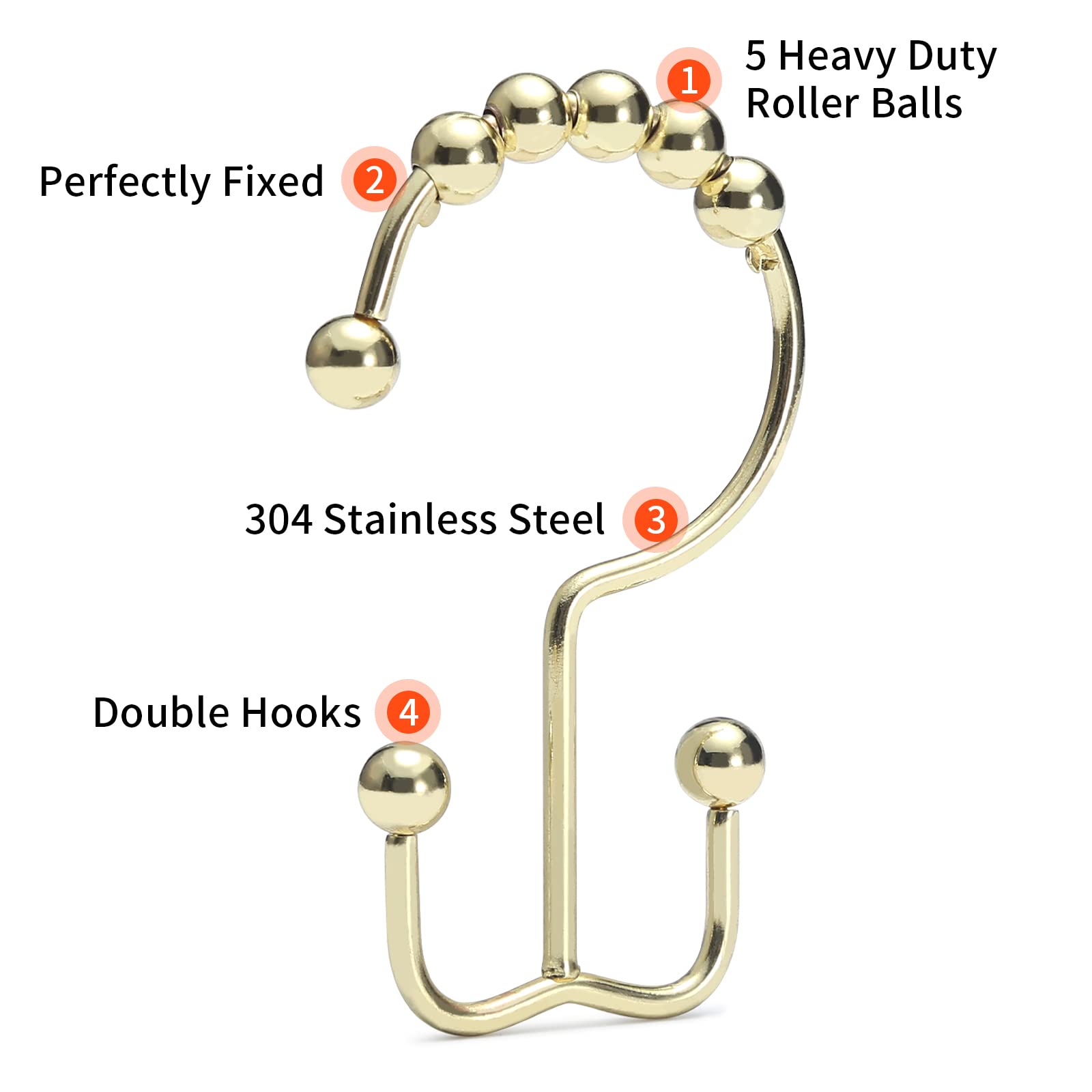 Premium Stainless Steel Gold Shower Curtain Hooks - Rust Proof Double Sliding Rings for Shower Curtains & Liners | Elegant Bathroom Decor for Modern Homes (Gold)