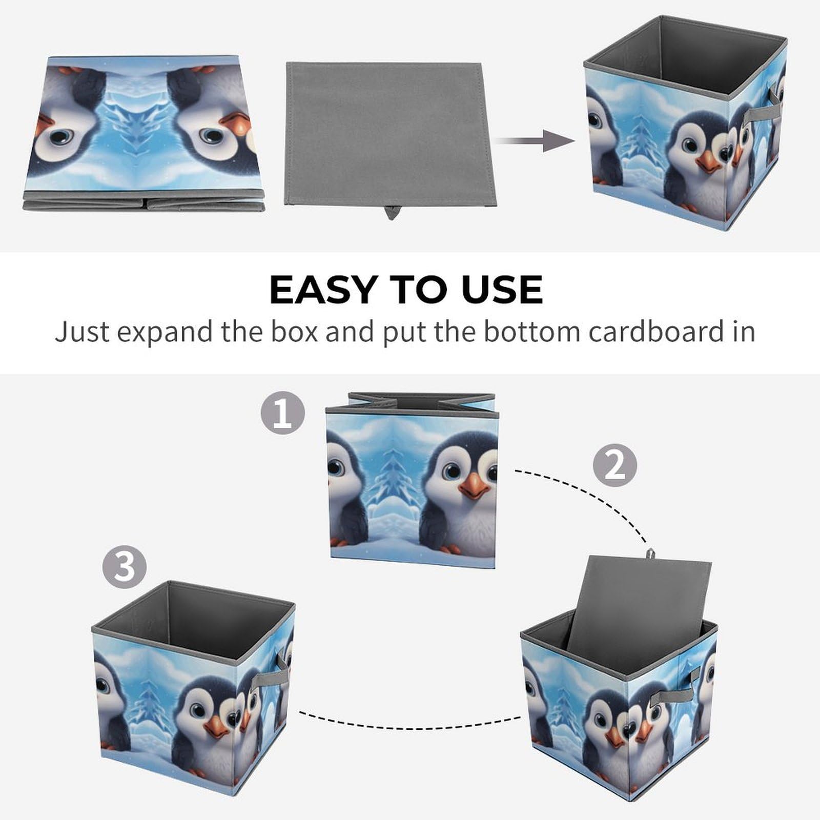 Cute Penguin Storage Bin - Large Collapsible Fabric Storage Box with Handles 10.6x10.6x10.6 Inches - Closet Organizer for Home, Office, Kids Room & Nursery (Perfect for Toys, Books & Clothes Storage)
