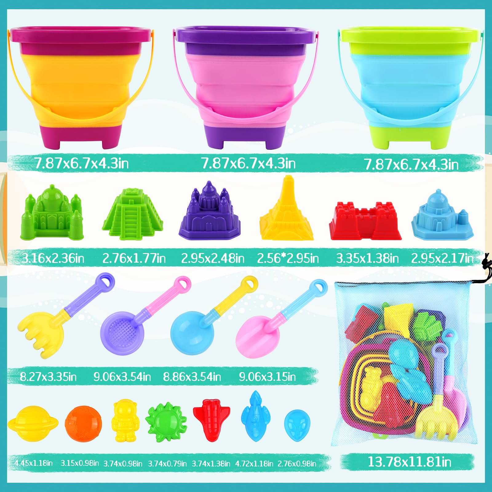 21 PCS Kids Beach Toys Set with Collapsible Buckets, Shovels & Sand Molds - Sand Castle Kit for Toddlers Boys & Girls - Perfect for Beach Travel, Sandbox Play & Outdoor Summer Activities