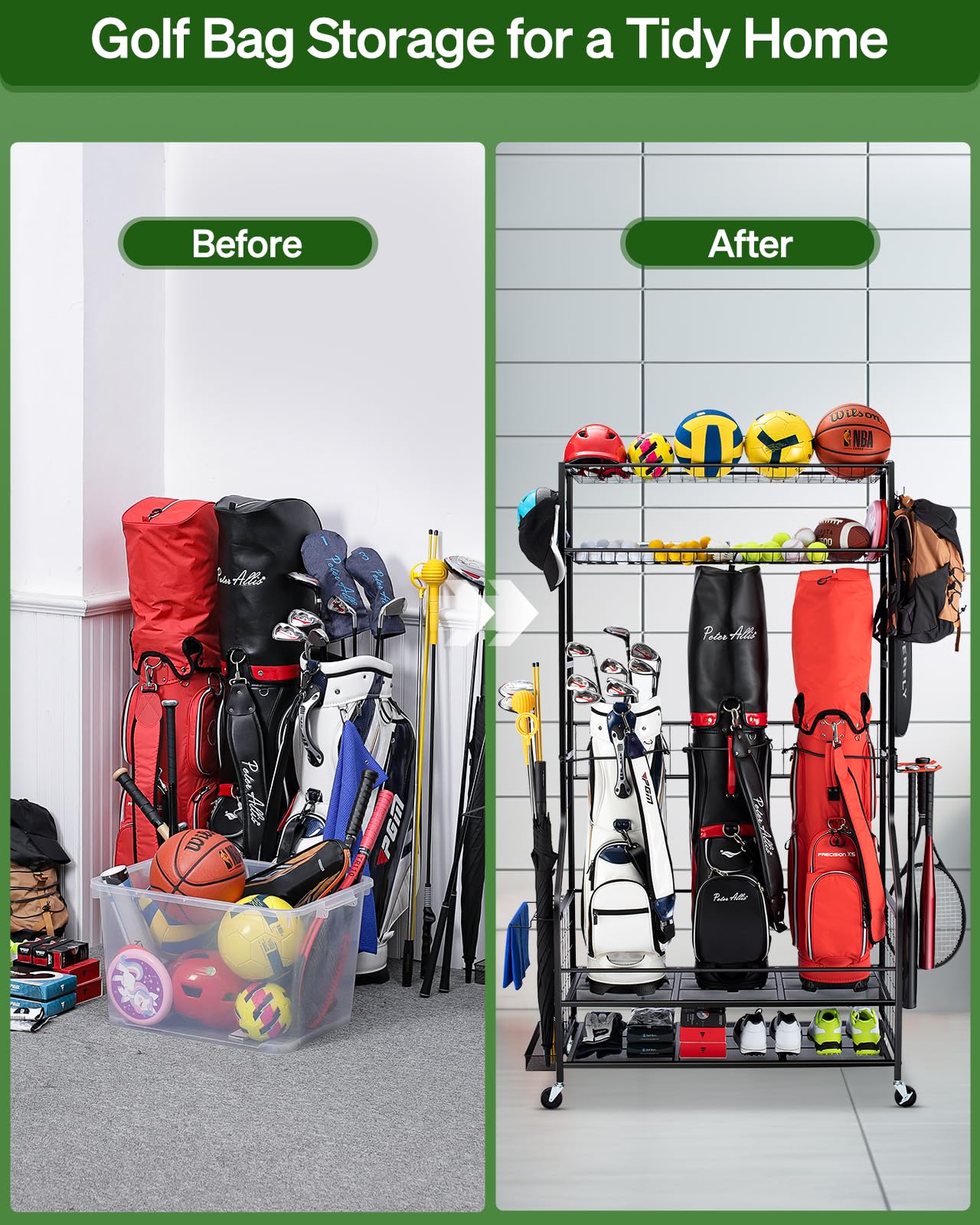 Heavy Duty Golf Bag Storage Rack with Wheels - 3 Golf Bag Stand Organizer for Garage, 4 Hooks & Extra Golf Club Display - Perfect for Golf Equipment Storage & Sports Gear Organization (Ideal for Home Garage, Basement, or Clubhouse Storage)