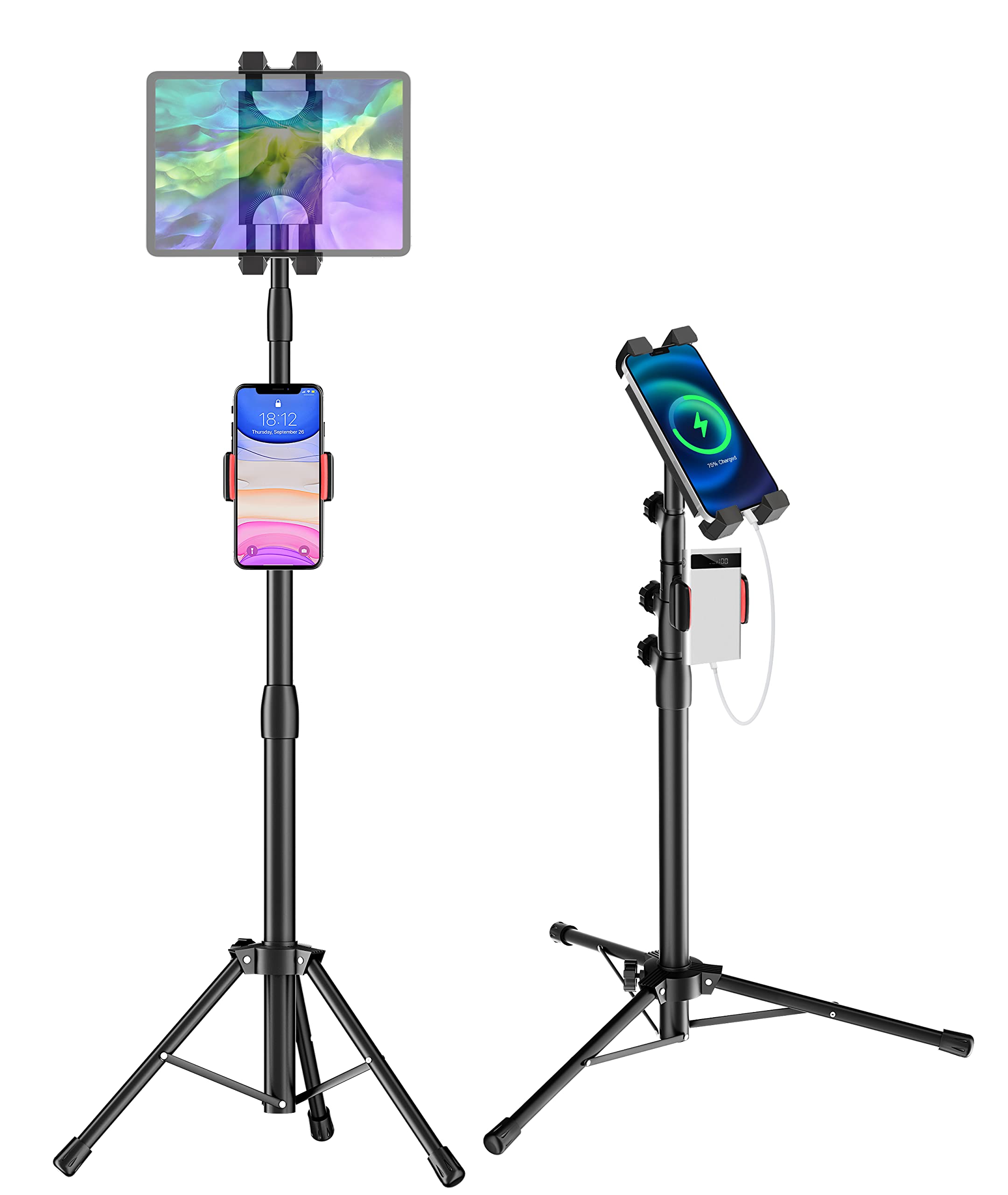 Adjustable iPad Tripod Stand with 2 Holders - Compatible with iPad Pro 12.9/11/10.5/9.7, iPad Air, iPad Mini 6/5/4/3/2, Samsung Tab, Nintendo Switch & All 4-13 Inch Tablets & Phones - Perfect for Home Office, Video Calls, Streaming & Photography