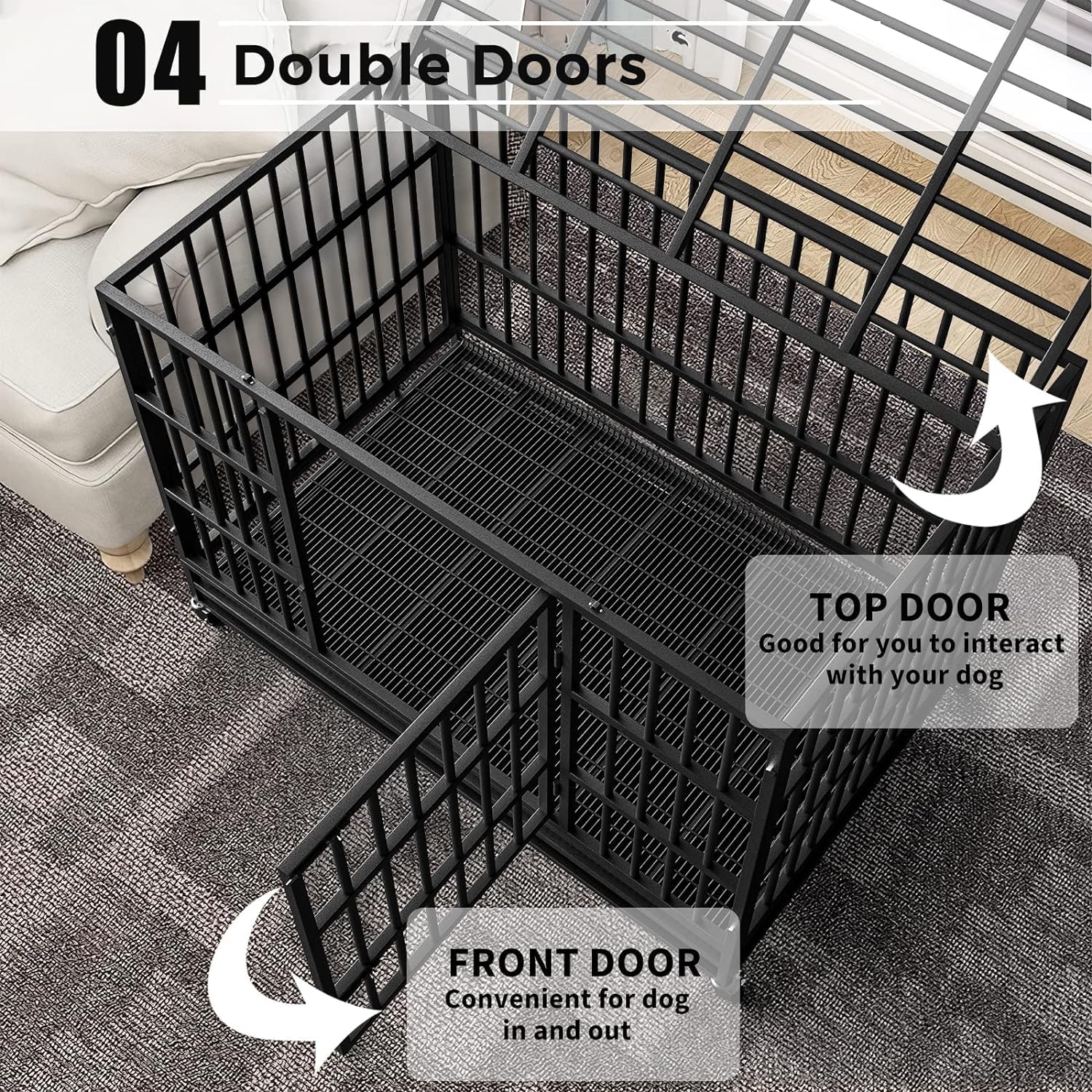 48 Inch Heavy Duty Dog Crate - Indestructible Large Dog Cage Kennel for High Anxiety Dogs | Escape Proof & Sturdy Lock Design | Extra Large Indoor Pet Crate with Double Doors & Removable Tray | Perfect for Travel, Training, and Home Security