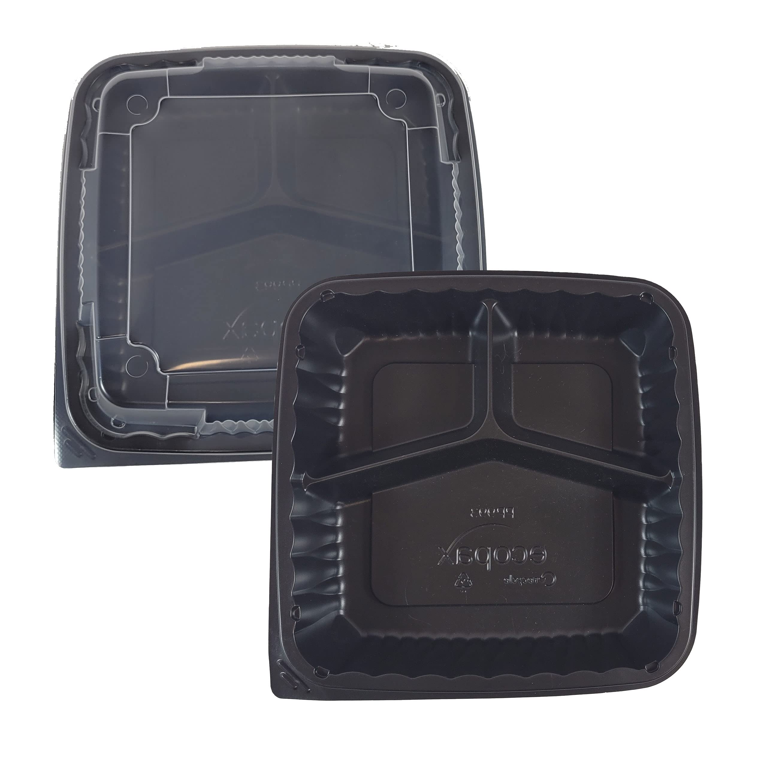75 Sets Black PP Pebble Box Serving Tray with Vented Lid - 9x9 Inch 3-Compartment Food Storage Container for Lunch, Meal Prep & Party Serving | Durable, Reusable & BPA-Free