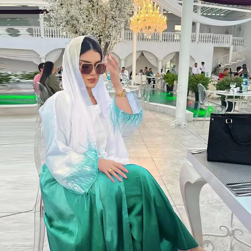 2 Piece Set Color Gradient Satin Open Abaya Dress with Inner Sleeveless Dress - Elegant Muslim Women's Prayer Dress for Eid, Ramadan & Special Occasions