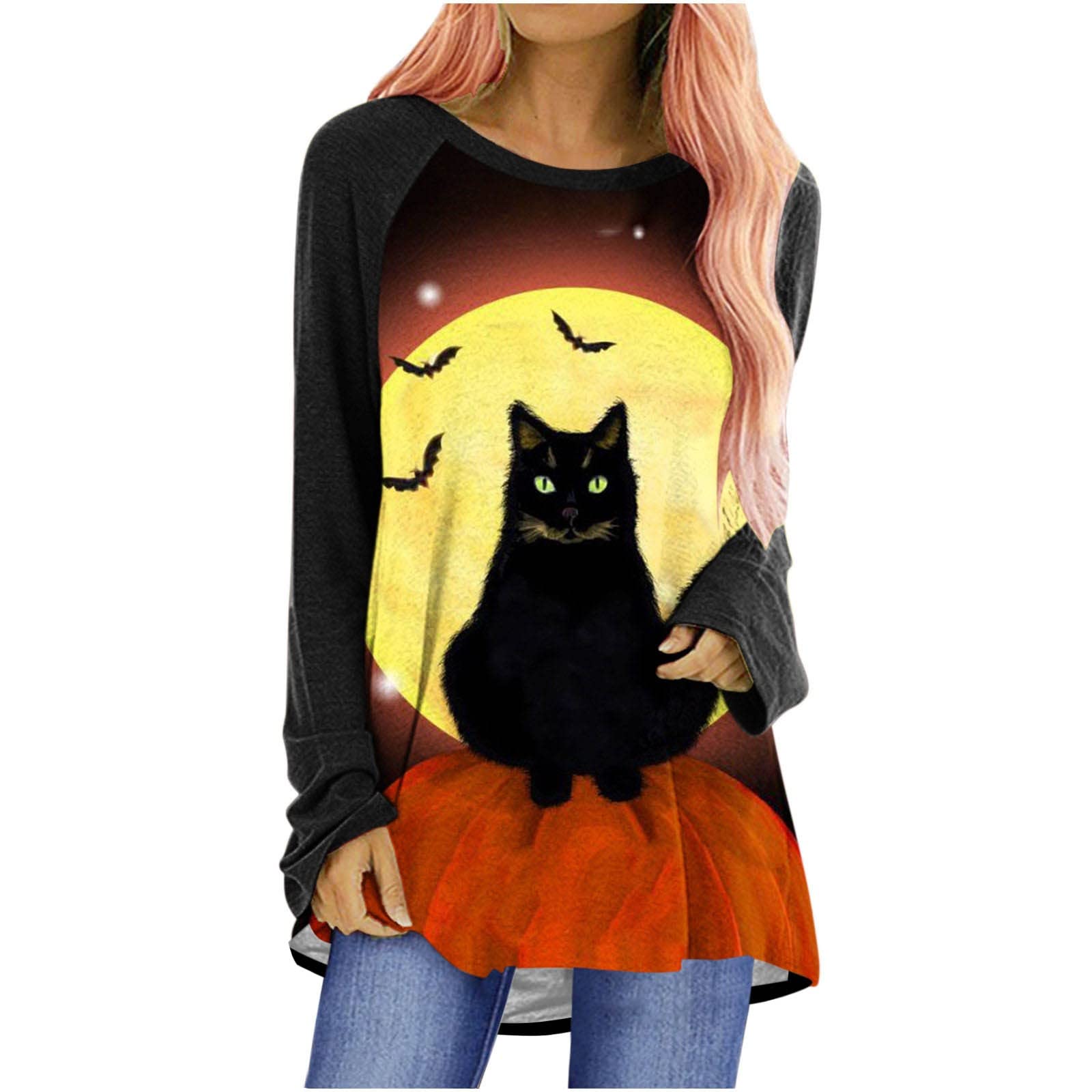 HAOREEKZ Women's Halloween Printed Sweatshirt - Long Sleeve Casual Pullover Blouse for Fall & Halloween Parties | Cozy Medium-Length Top for Trick-or-Treating, Costume Parties & Autumn Outfits