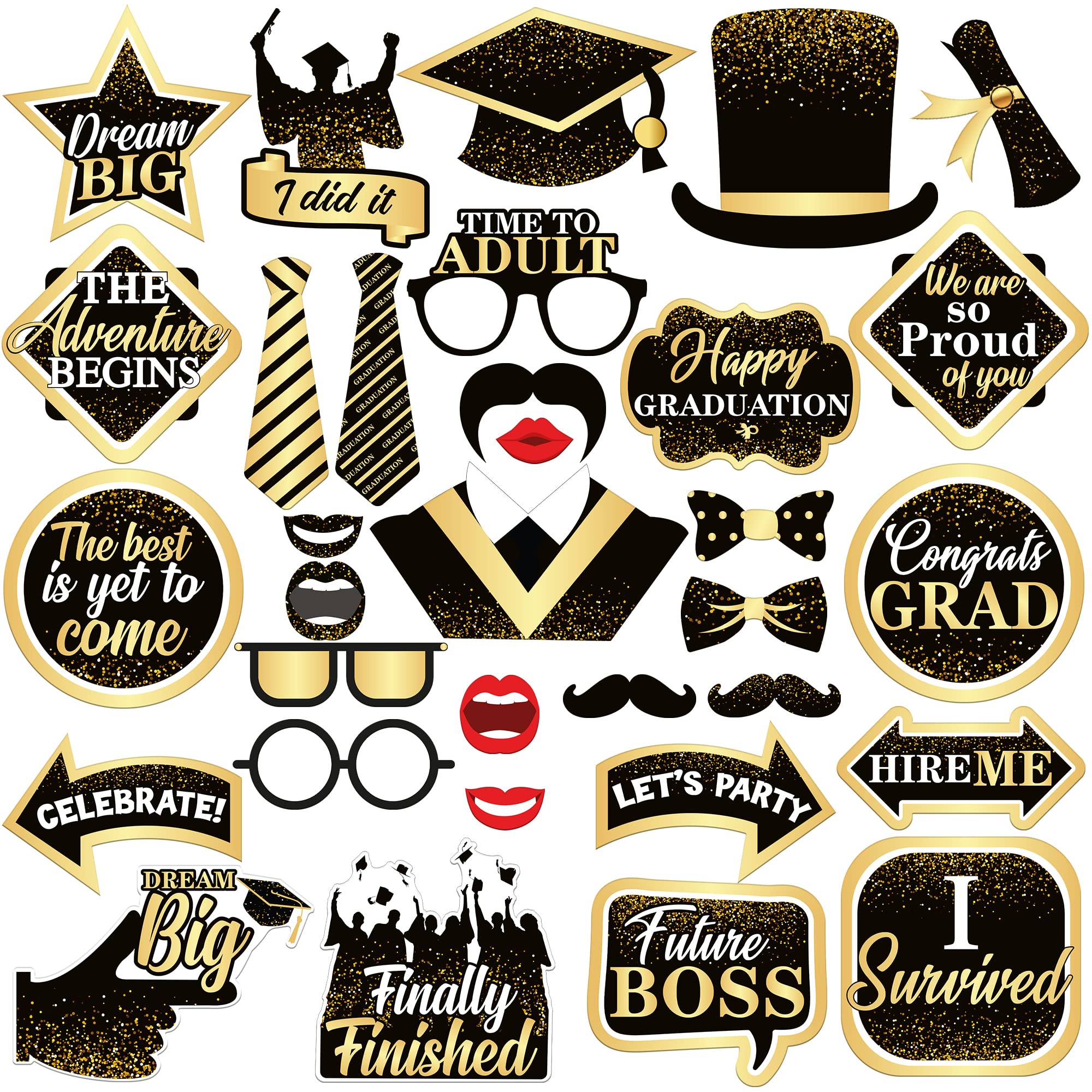 KatchOn 33-Piece Black & Gold Graduation Photo Booth Props Kit - Class of 2025 Decorations for Grad Parties, Commencement Celebrations & Senior Year Memories