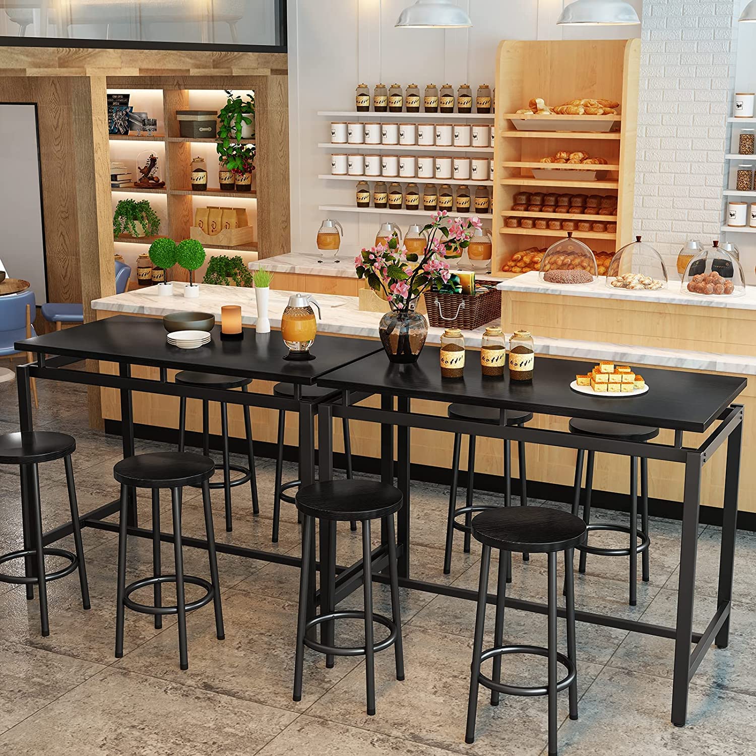 MIERES 5-Piece Industrial Counter Height Dining Table Set for 4 - Wood Kitchen Table & 4 Stools, Black | Perfect for Home Bar, Breakfast Nook, Small Space Living Room & Apartment Dining