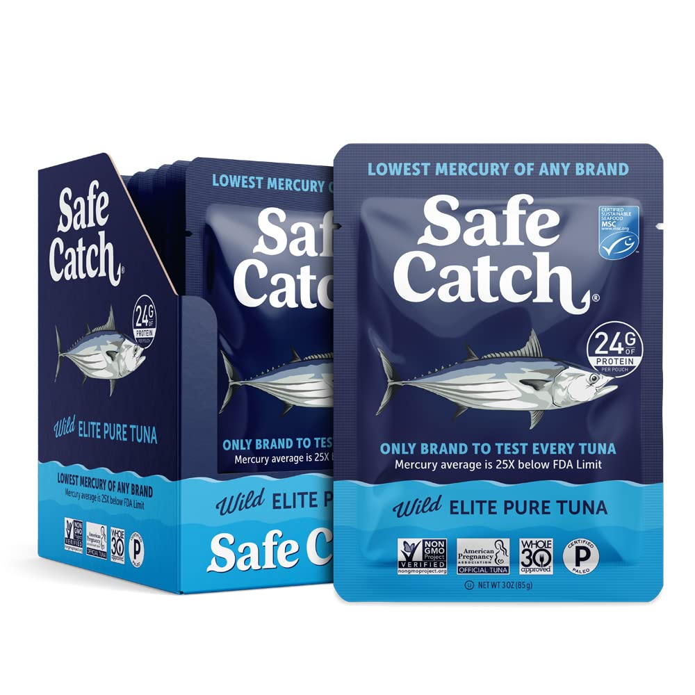 Safe Catch Elite Wild-Caught Tuna Pouch - Lowest Mercury, Gluten-Free, Keto, Non-GMO, Kosher & Paleo-Friendly - High Protein Snack with No Water or Oil Added - Pack of 12 (3oz) - Perfect for Lunch Boxes, Camping & Emergency Food Supplies