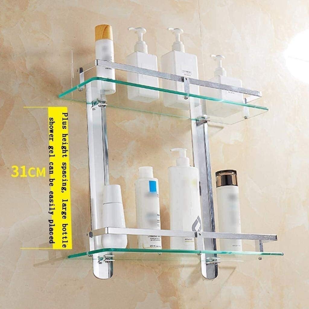 Double Tempered Glass Bathroom Storage Shelf - Space-Saving Shower Organizer with Aluminum Towel Bar for Bathroom & Shower Organization