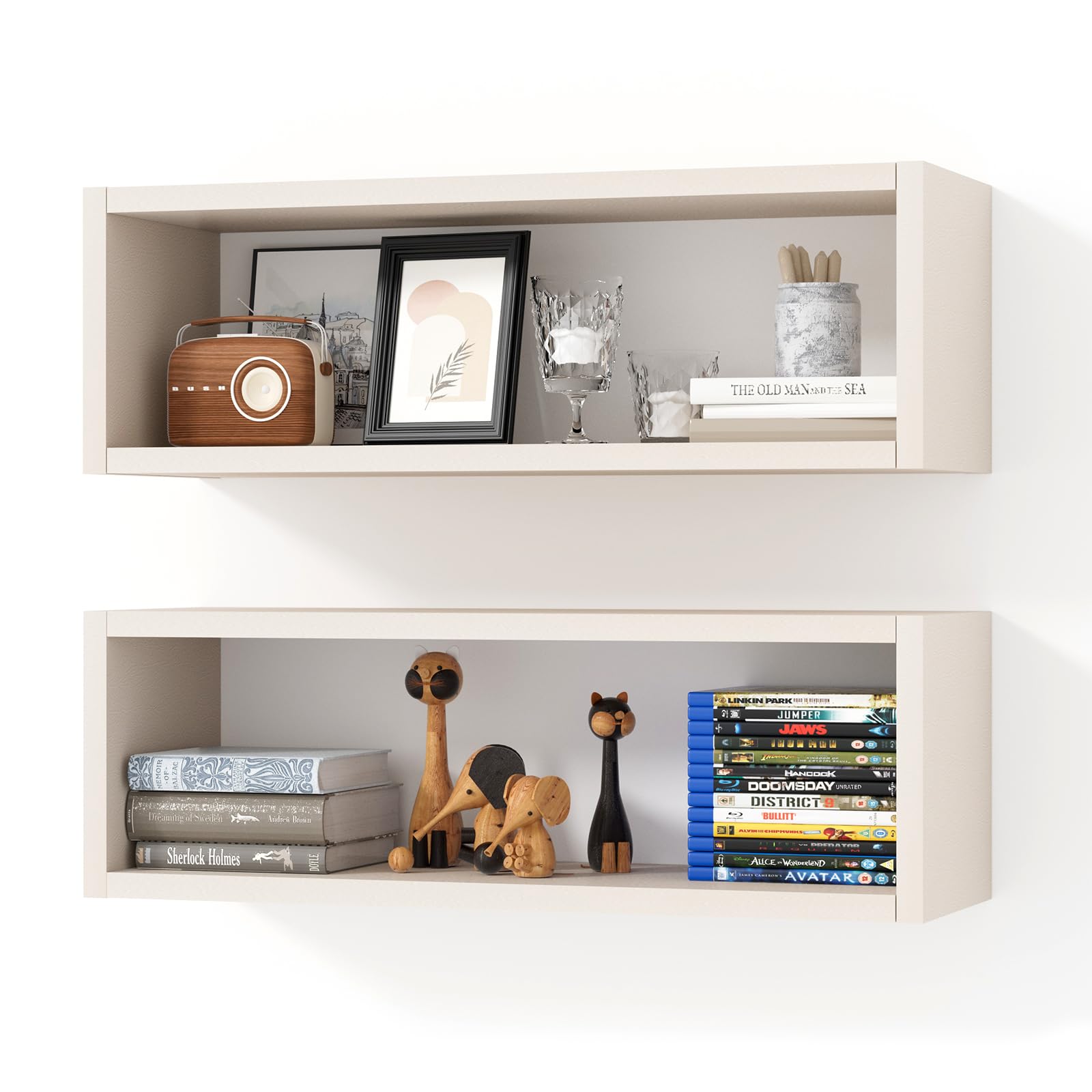 Kaboon 24 Inch Floating Cube Shelves Set of 2 - Modern Wall Mounted Display Shelves for Home Decor - Beige Leather Rectangular Storage Cubes - Perfect for Kitchen, Living Room, Office & Bedroom Organization