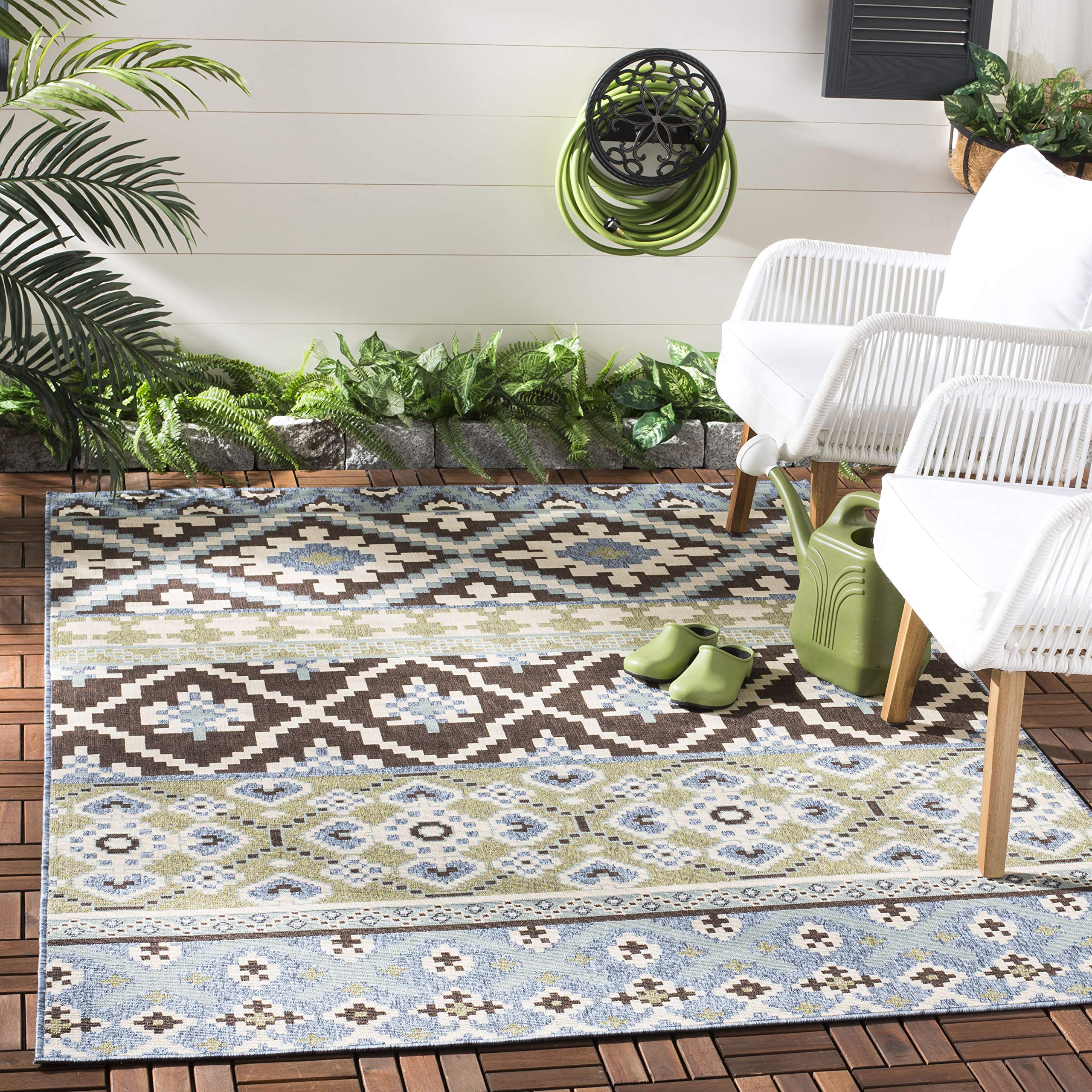 SAFAVIEH Veranda Collection 3'x3' Square Area Rug - Boho Floral Design in Chocolate & Blue, Non-Shedding & Easy Care, Indoor/Outdoor Washable Rug - Perfect for Patio, Backyard, Mudroom, Living Room & Bedroom (VER097-0624)