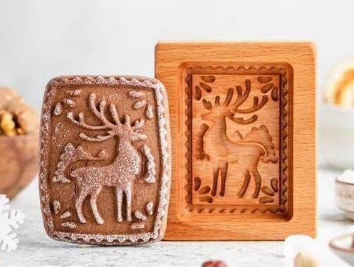 Hand-Carved Wooden Cookie Mold - Gingerbread & Biscuit Press Stamp for Baking - Deer Design with Pine Cones & Provence Rose - Perfect for Holiday Cookies, DIY Baking, and Christmas Gift Giving