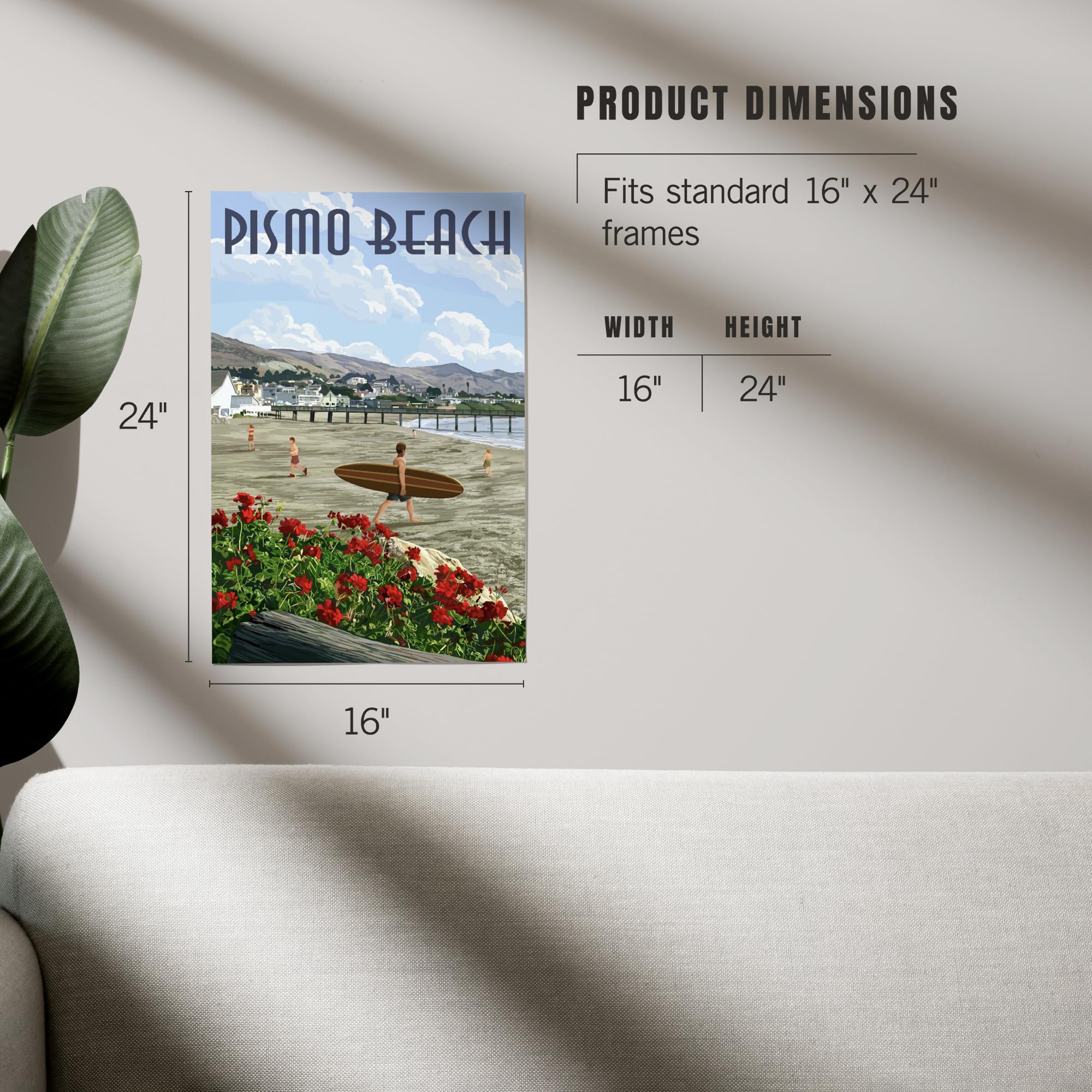 Lantern Press 16x24 Inch Giclee Art Print - Pismo Beach California Coastal Landscape with Iconic Pier | Wall Decor for Living Room, Bedroom or Office