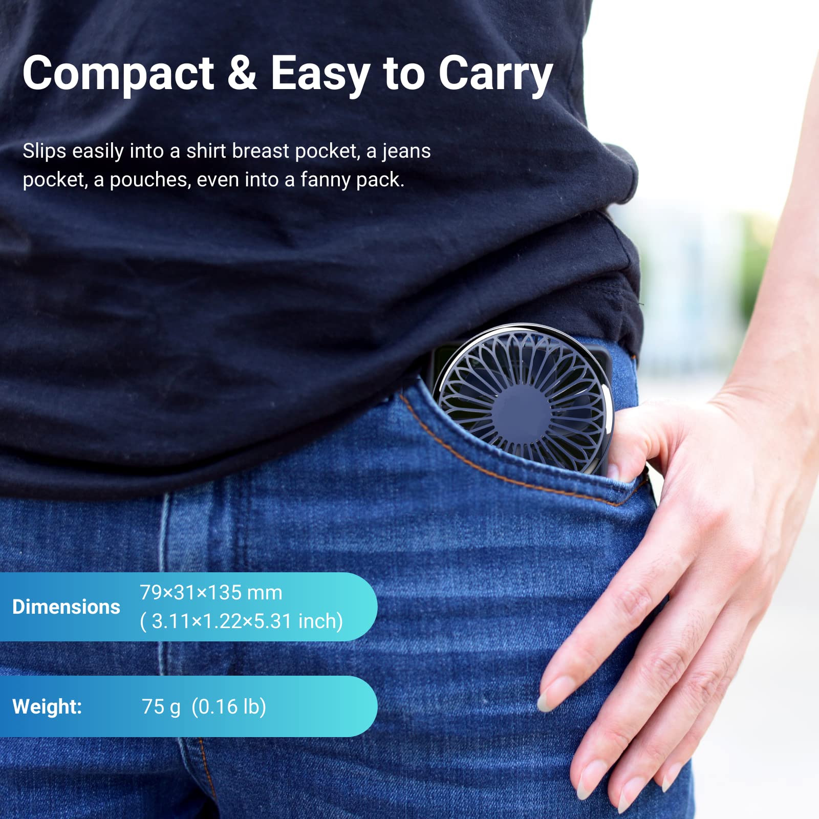Portable Mini Fan - Handheld Personal Fan with 3 Speeds & 6-Hour Battery Life | USB Rechargeable Desk Fan for Office, Travel, Camping | Perfect for Kids, Men & Women - Stay Cool at Work, Outdoors & Home