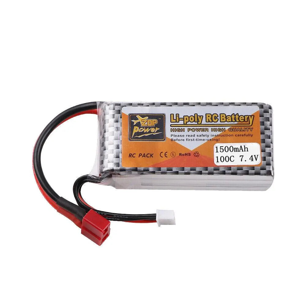 ZOP Power 1500mAh 7.4V 2S 100C LiPo Battery with T Plug - High Performance Rechargeable Battery for RC Cars, Airplanes, Drones - Perfect for Racing, FPV Flying and RC Hobby Enthusiasts