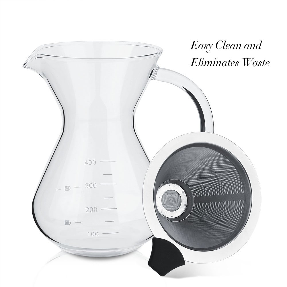 Hakeeta 400ml Pour Over Coffee Maker - Glass Dripper with Reusable Stainless Steel Filter | Manual Brewing for Home, Office & Camping | Perfect for Specialty Coffee Lovers