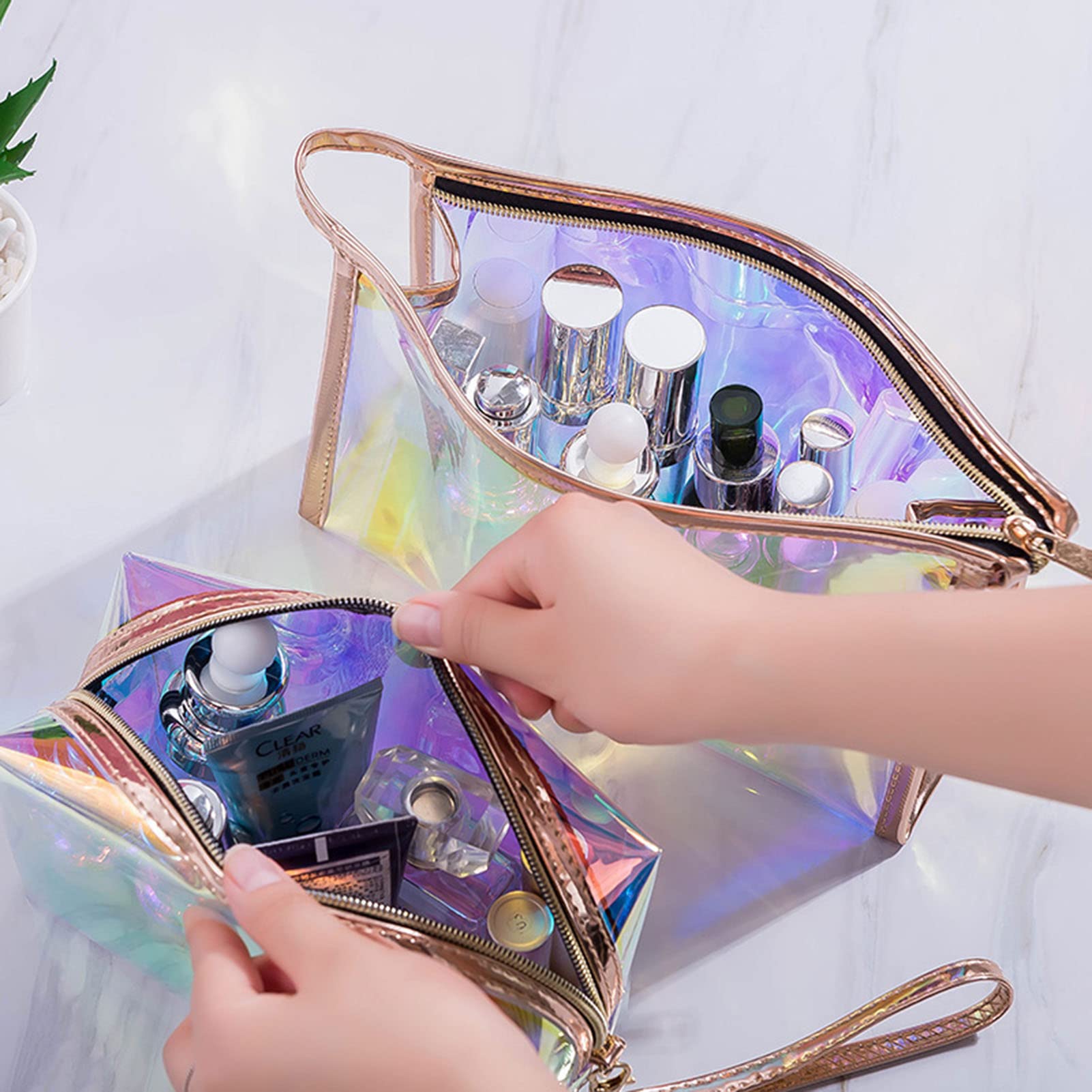 2-Pack Clear TPU Travel Toiletry Bags for Women - Waterproof Cosmetic & Makeup Organizer with Fashion Bling Design - Perfect for Vacation, Gym, Business Trips & Daily Essentials Storage