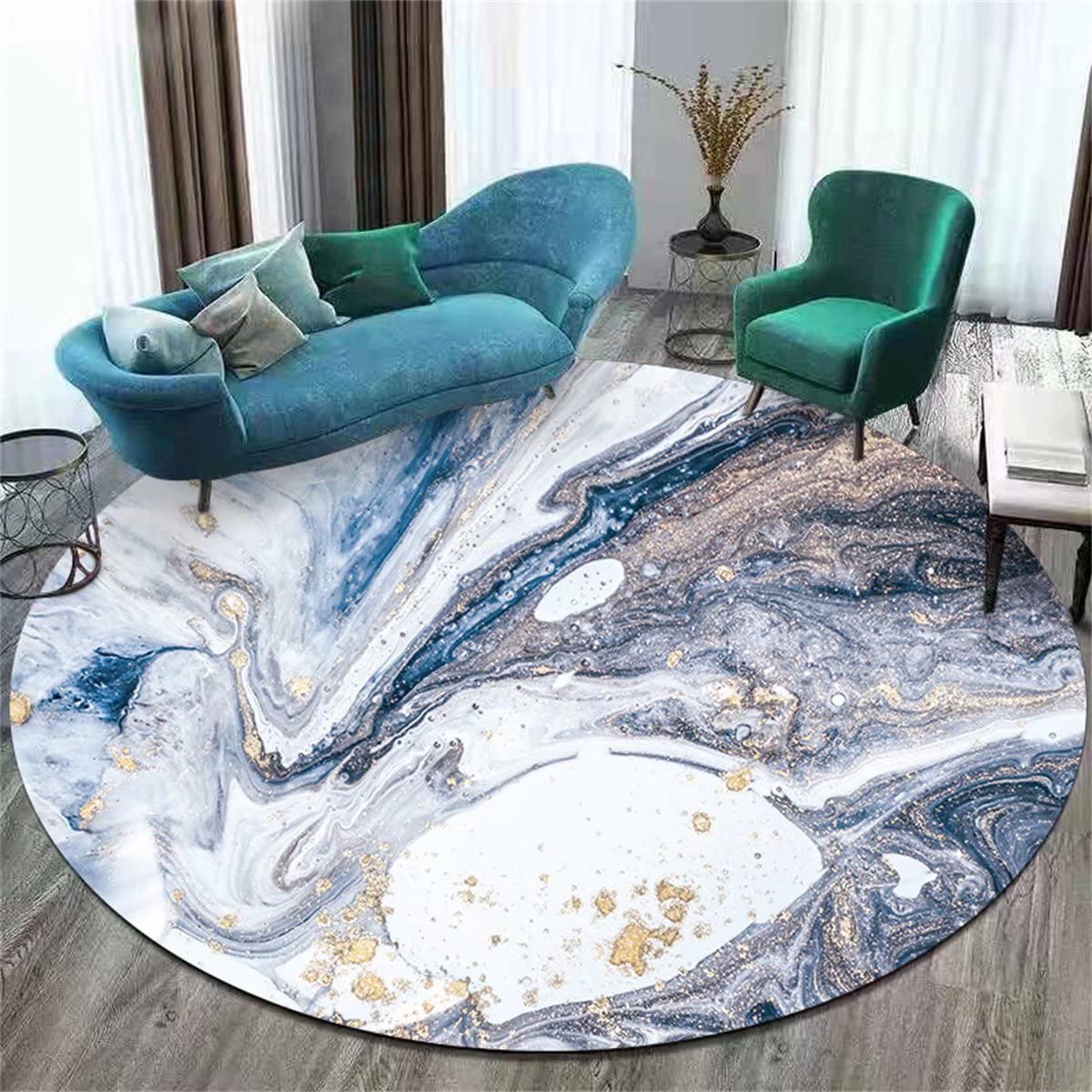 4' Round Washable Non-Skid Marble Texture Area Rug - Distressed Circle Carpet for Bedroom, Living Room & Dining Room Floor Decor | Perfect for Home, Office & Apartment Use