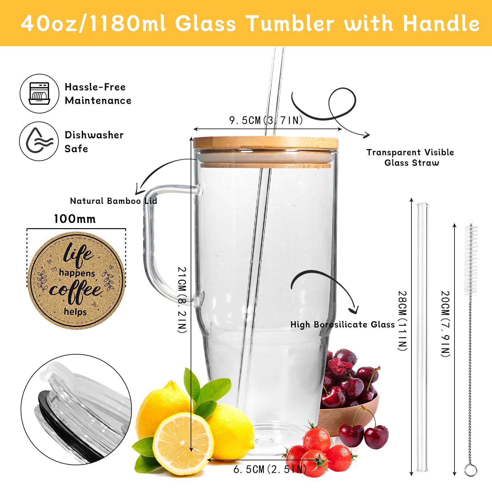 ANOTION 40oz Glass Tumbler with Lid, Straw & Handle - Insulated Travel Mug for Iced Coffee, Smoothies & Cold Drinks - BPA-Free Reusable Water Bottle for Home, Office & Outdoor Activities